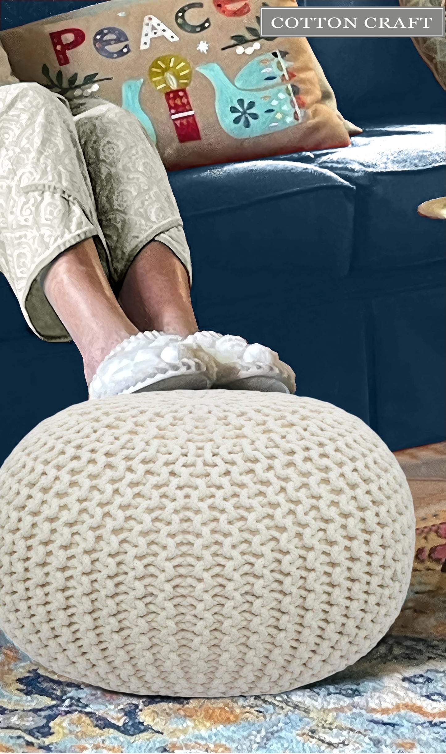 Hand-Knitted Cotton Round Pouf – Braid Cord Ottoman, Footrest, and Accent Seat for Living Room, Nursery, Kids Room, or Dorm Décor – 20x14