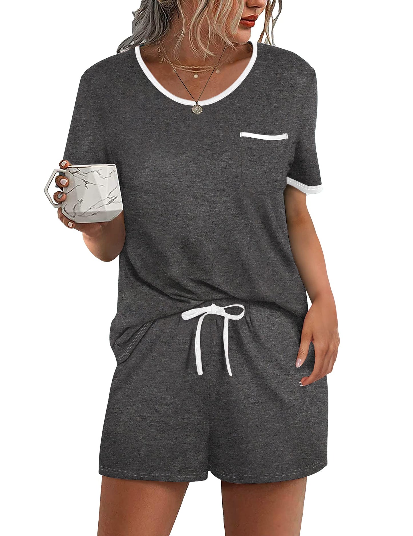 Pajama Set for 2 Piece Lounge Set Short Sleeve Tops and Shorts Soft Sleepwear, Chest Pocket