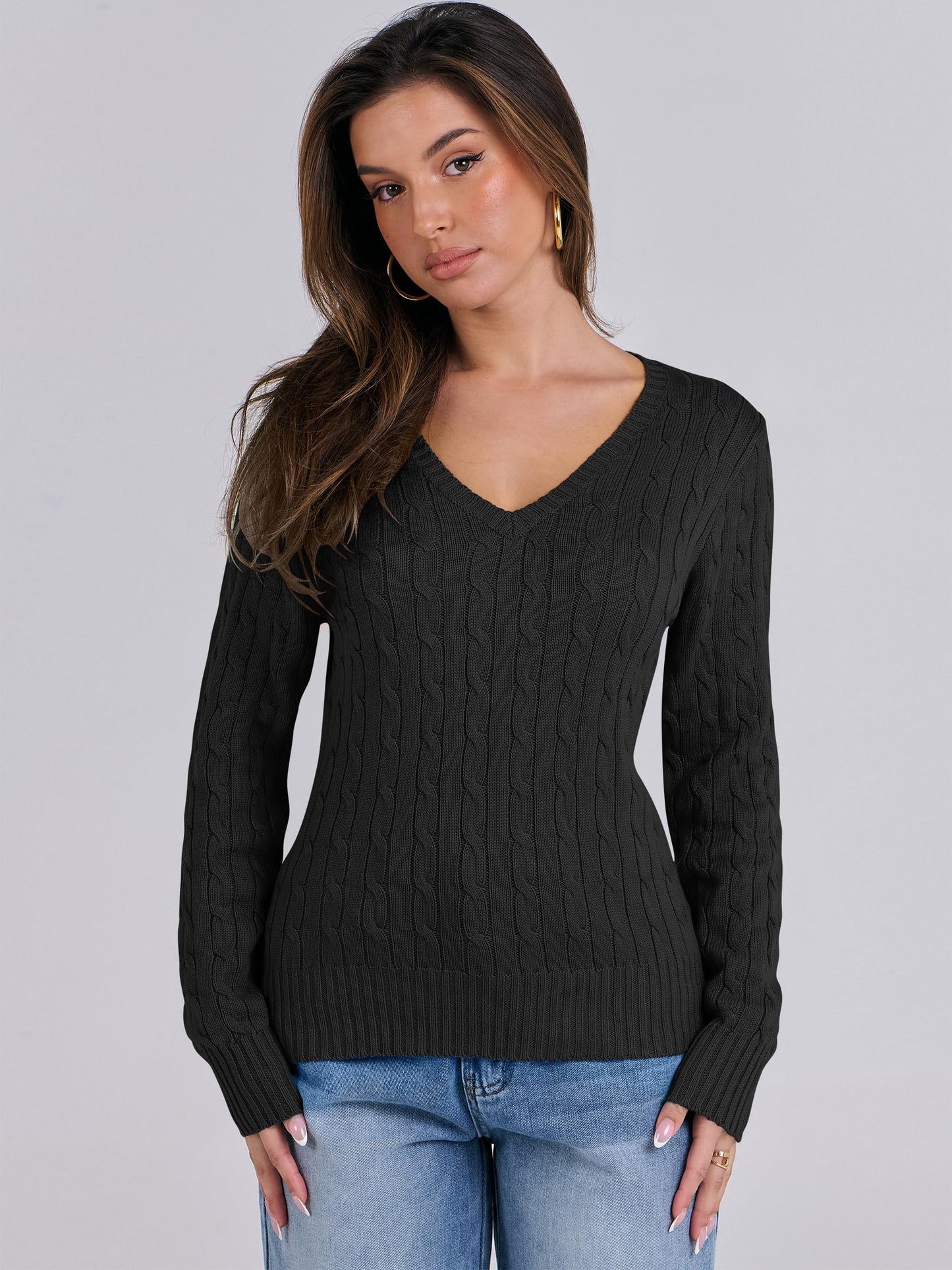 Women's Long Sleeve V Neck Cable Knit Sweater Jumper