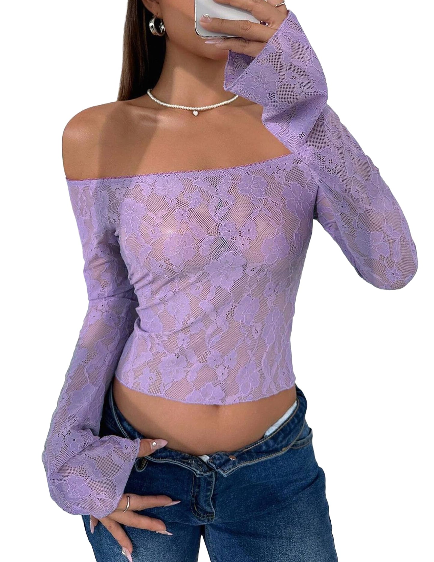 Lace Long Sleeve Y2k Off The Shoulder Tops Sexy Sheer Bell Tops