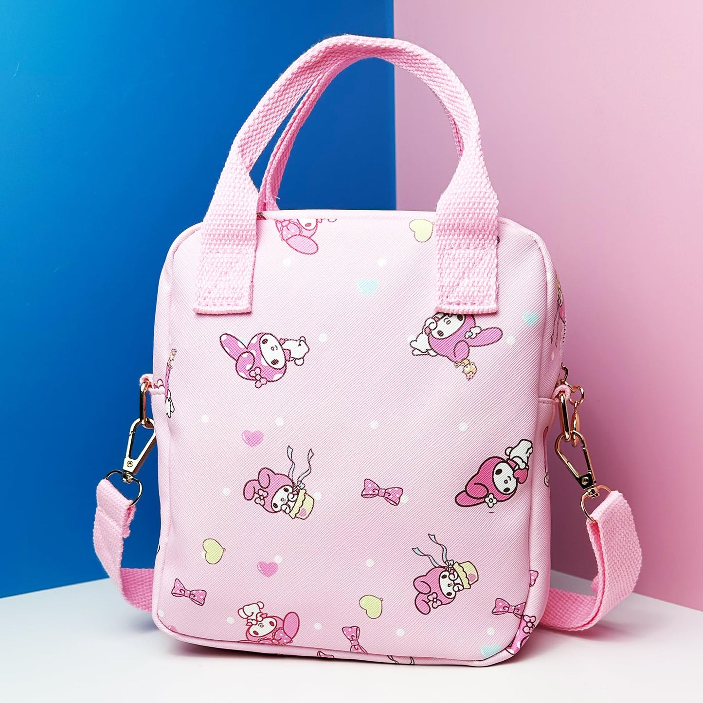 Kawaii Kitty PU Crossbody Bag with Handles Adjustable Shoulder Strap and Bracelet, Handbag with Zipper, Wallet Purse