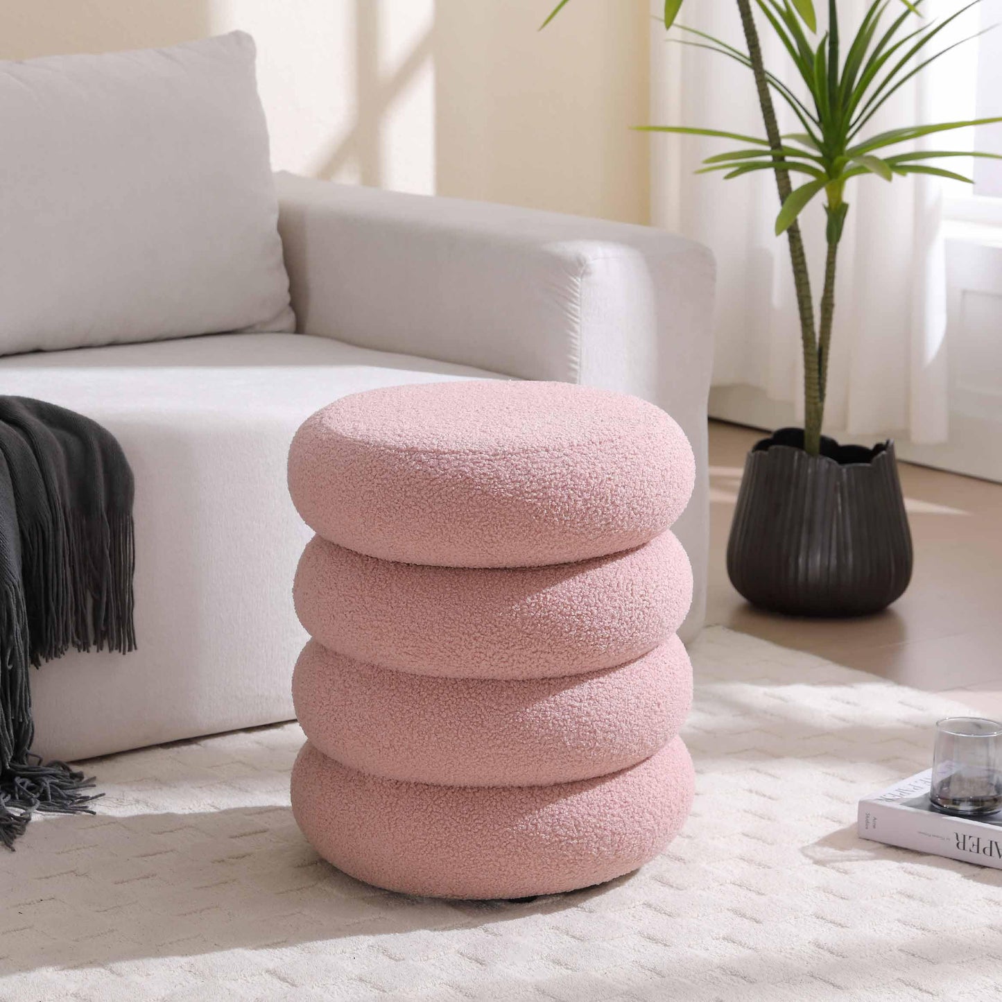 Flouki Storage Ottoman Round, Ottoman with Storage, Sherpa Ottoman Storage, (18 Inches x 16 Inches) Set of 2