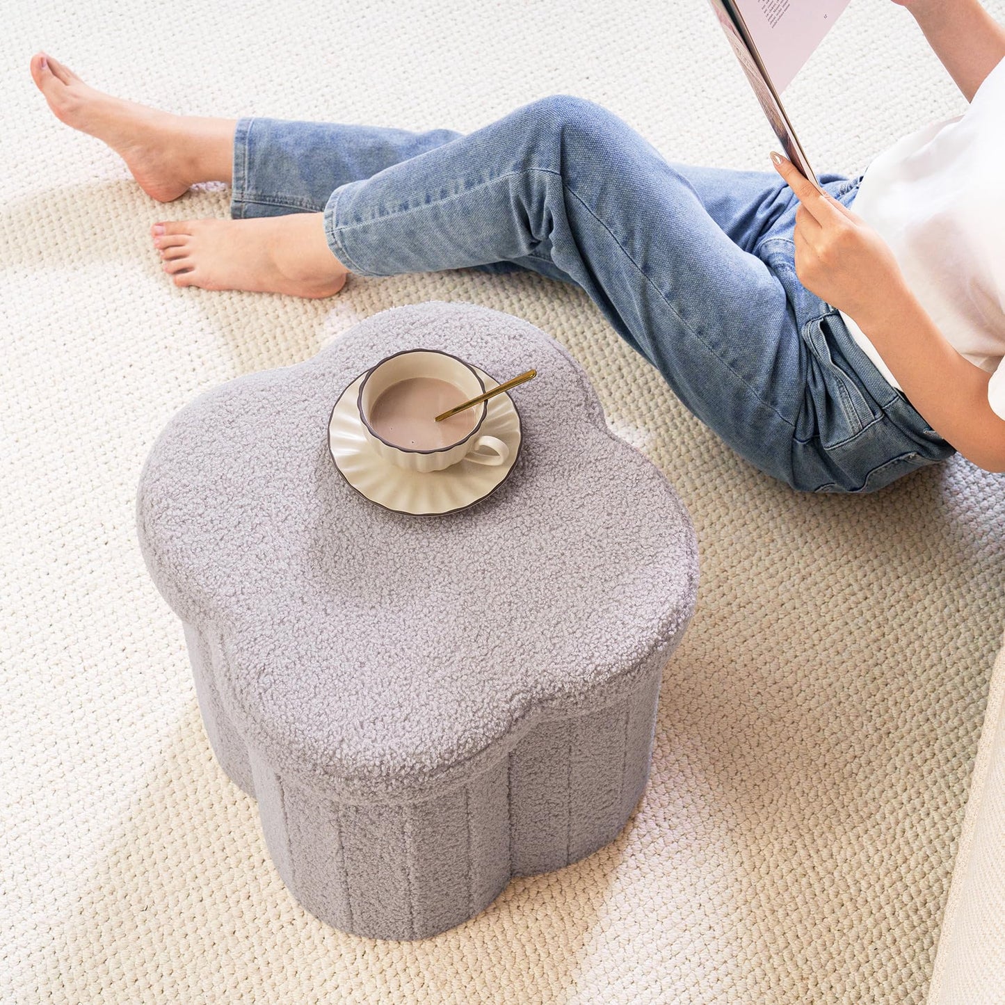 Flower-Shaped Storage Ottoman – Boucle Footstool & Seat for Living Room & Dorm