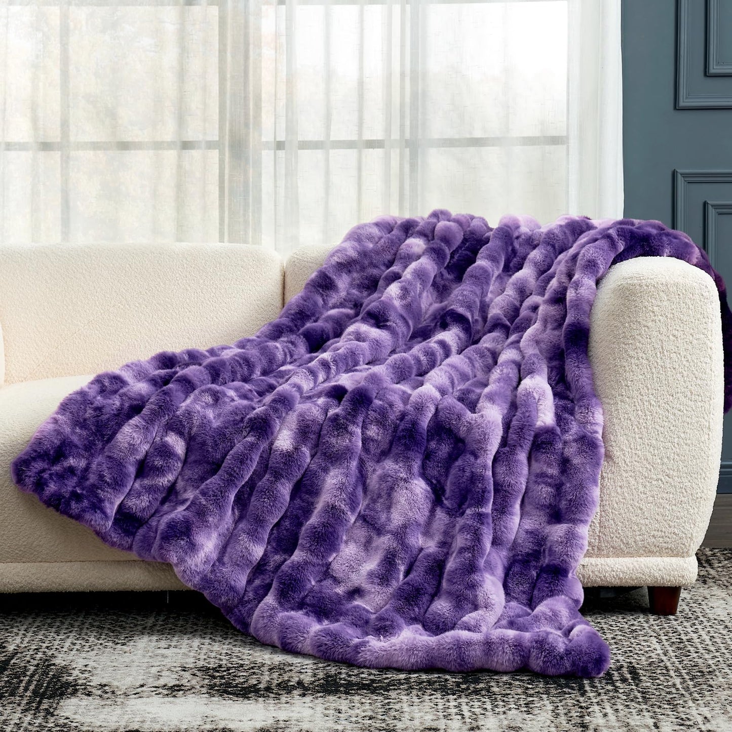 Faux Fur Throw Blanket -Fuzzy Soft Plush Thick Bubble Blanket