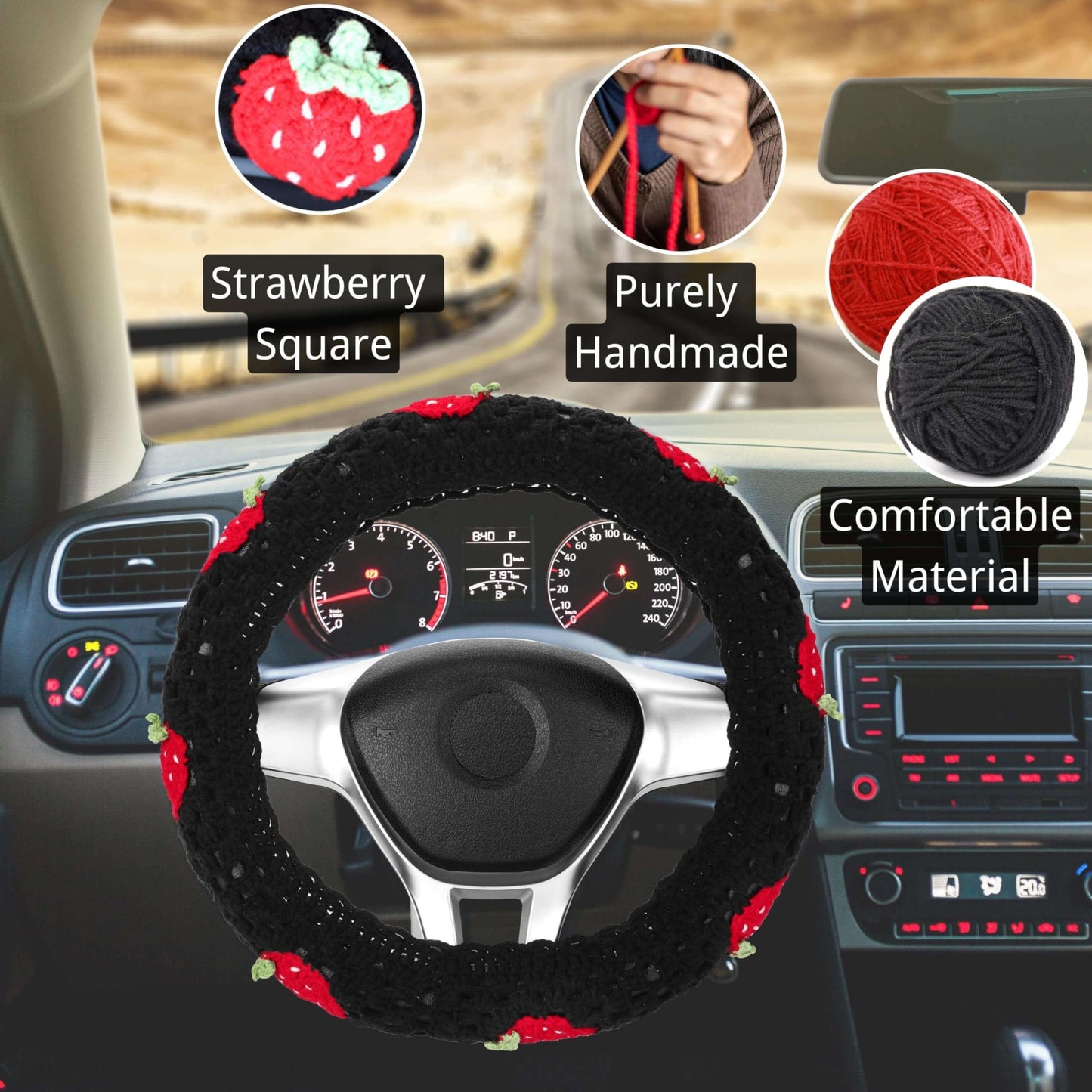 Pink Strawberry Granny Square Pattern - Crochet Steering Wheel Cover Set