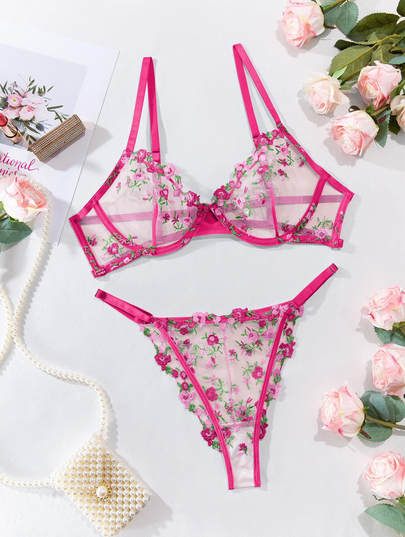 Sexy Floral Embroidered Mesh Sheer Underwire Lingerie Set