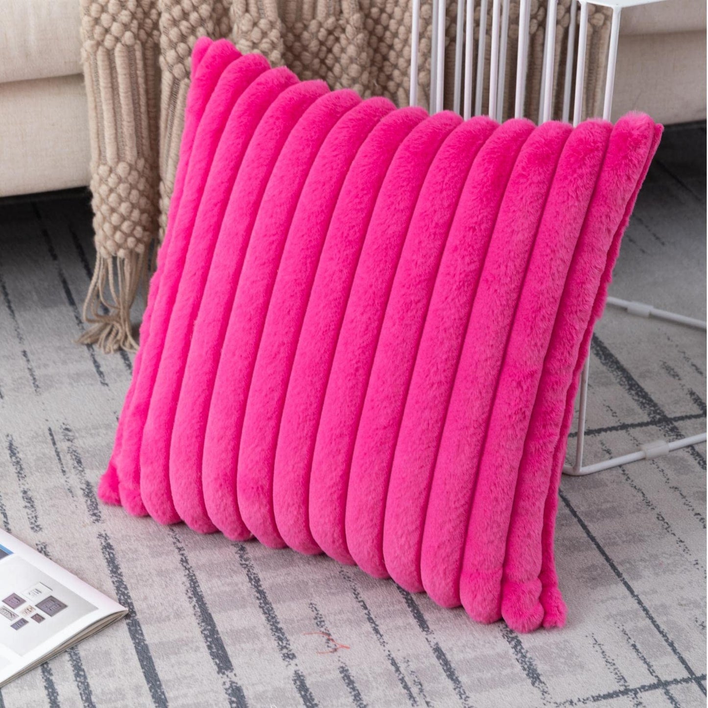 Set of 2 Fluffy Faux Fur Striped Pillow Covers – Decorative Cushion Cases