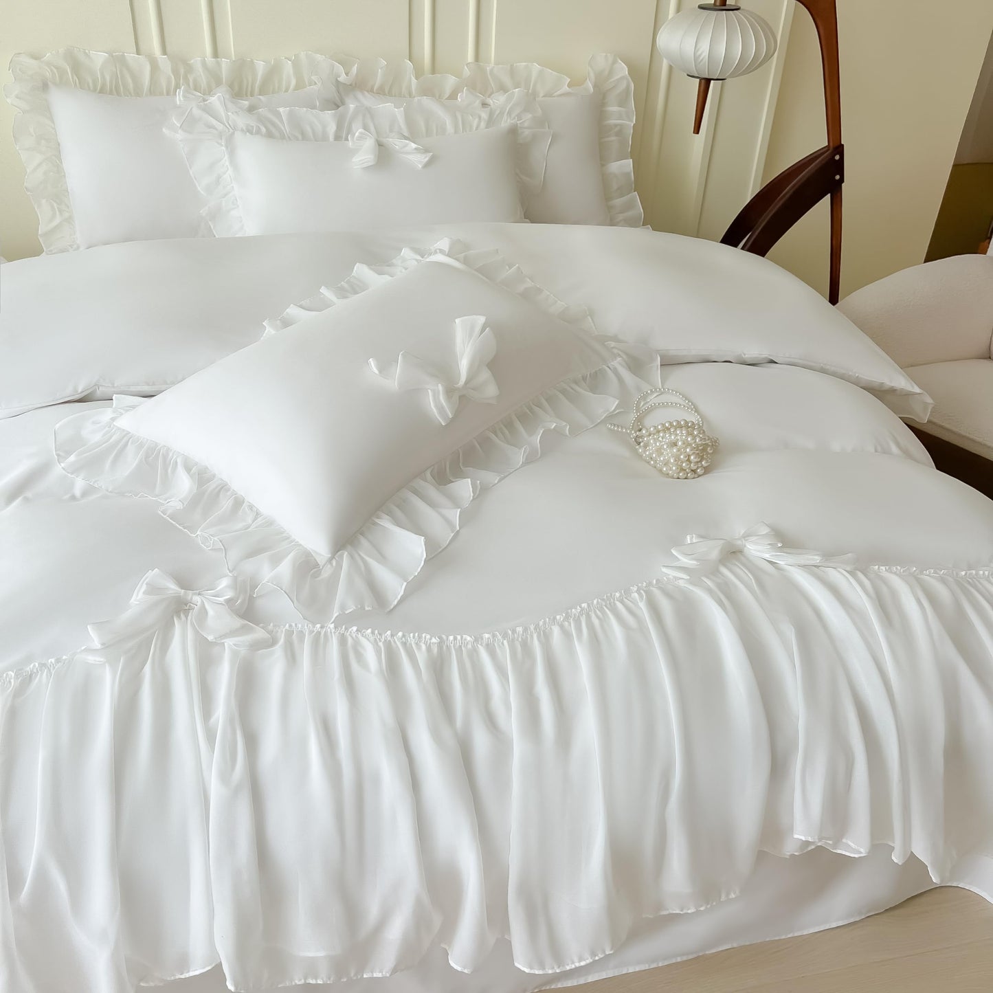 Princess Style Lace Bedding Comforter Cover Set, Chic Ruffled Duvet Cover with Lovely Bow, 1 Duvet Cover with 2 Pillowcases, No Comforter