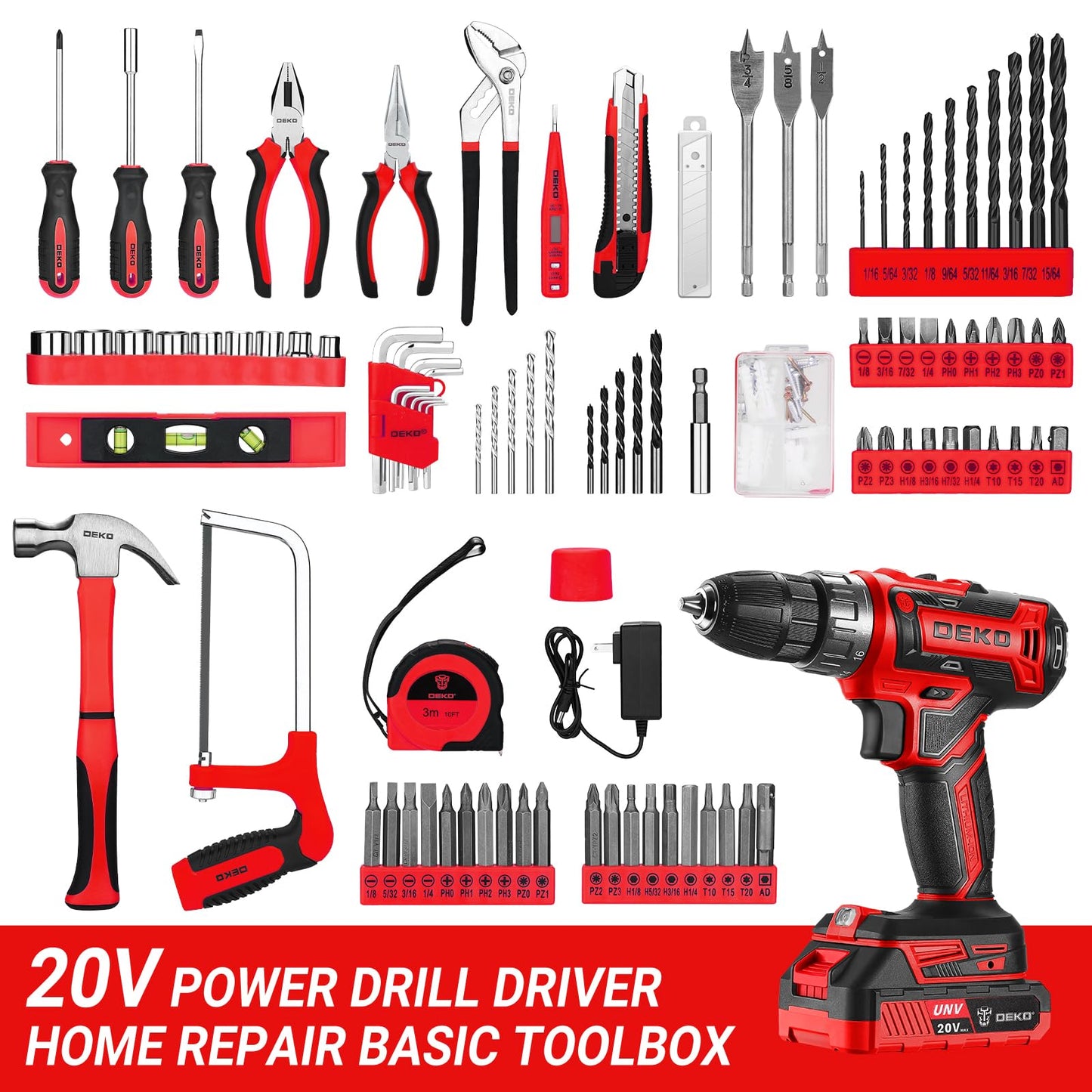 Cordless 20V Drill Tool Kit with Battery and Basic Hand Tools