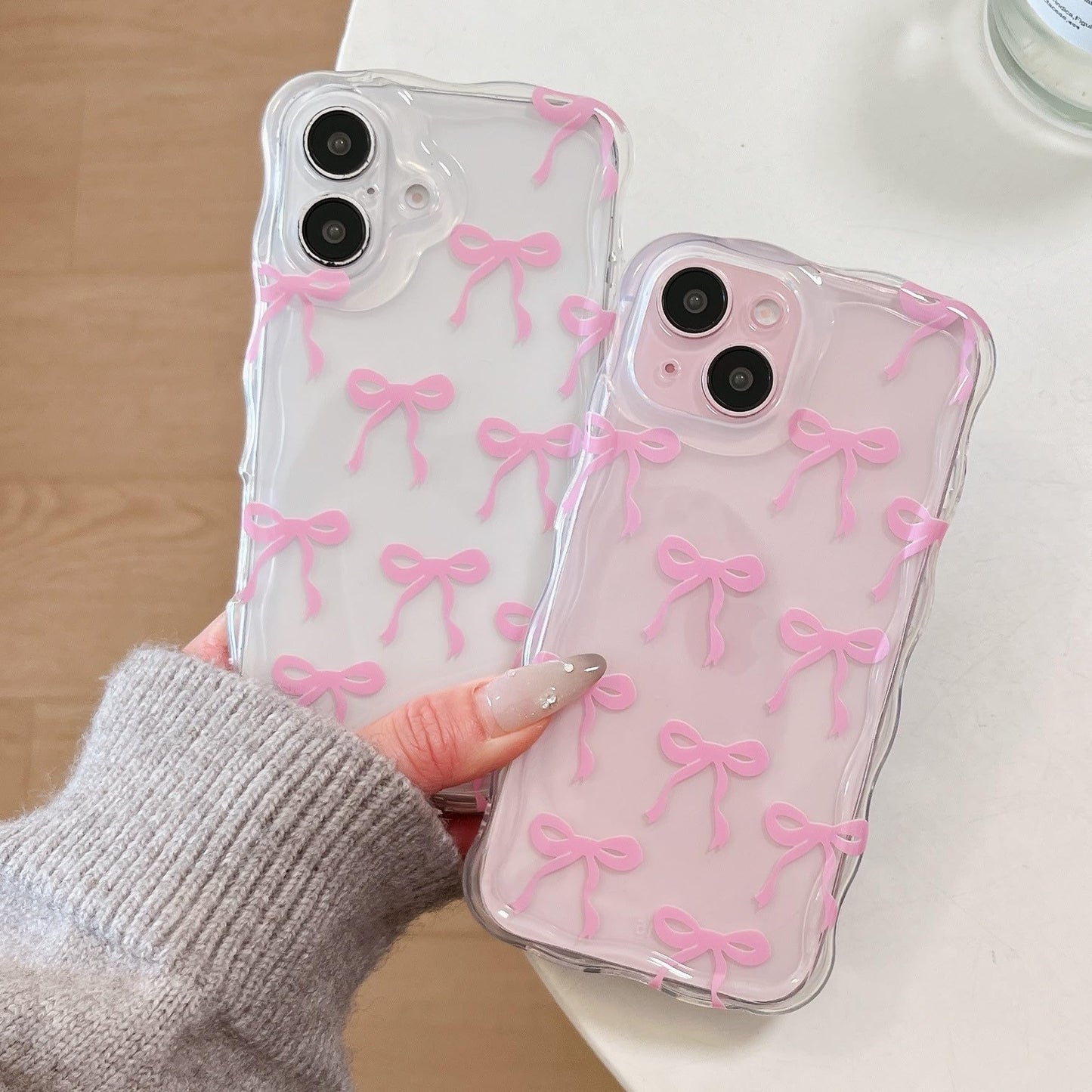 Cute Ribbon Bows Case for iPhone, Wavy Curly Frame Clear Transparent Soft Silicone TPU Bumper Shockproof Protective Cover