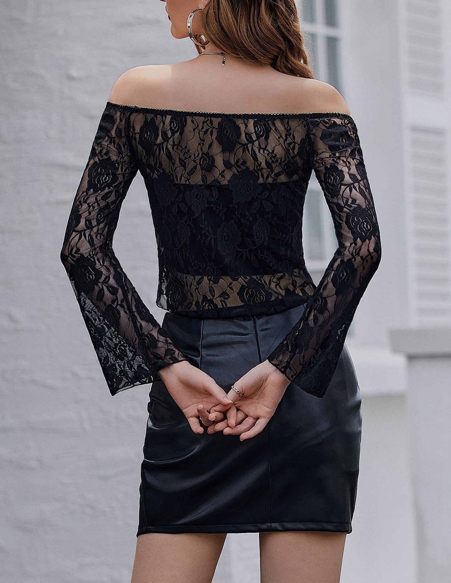 Lace Long Sleeve Y2k Off The Shoulder Tops Sexy Sheer Bell Tops