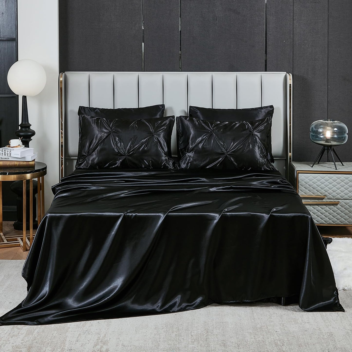 Pinch Pleat Bedding Set - Pin-tuck Luxury Bed Comforter Set 10 Pcs, Soft Silky Down Comforter Bed Set Satin with Sheets