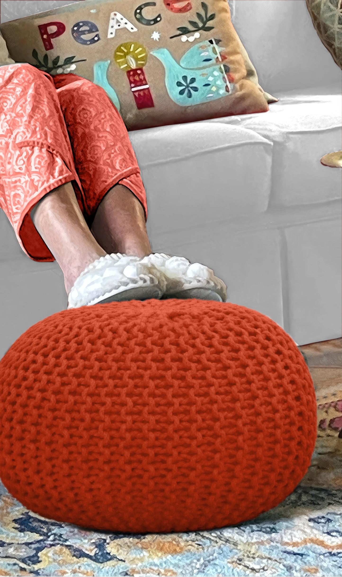 Hand-Knitted Cotton Round Pouf – Braid Cord Ottoman, Footrest, and Accent Seat for Living Room, Nursery, Kids Room, or Dorm Décor – 20x14