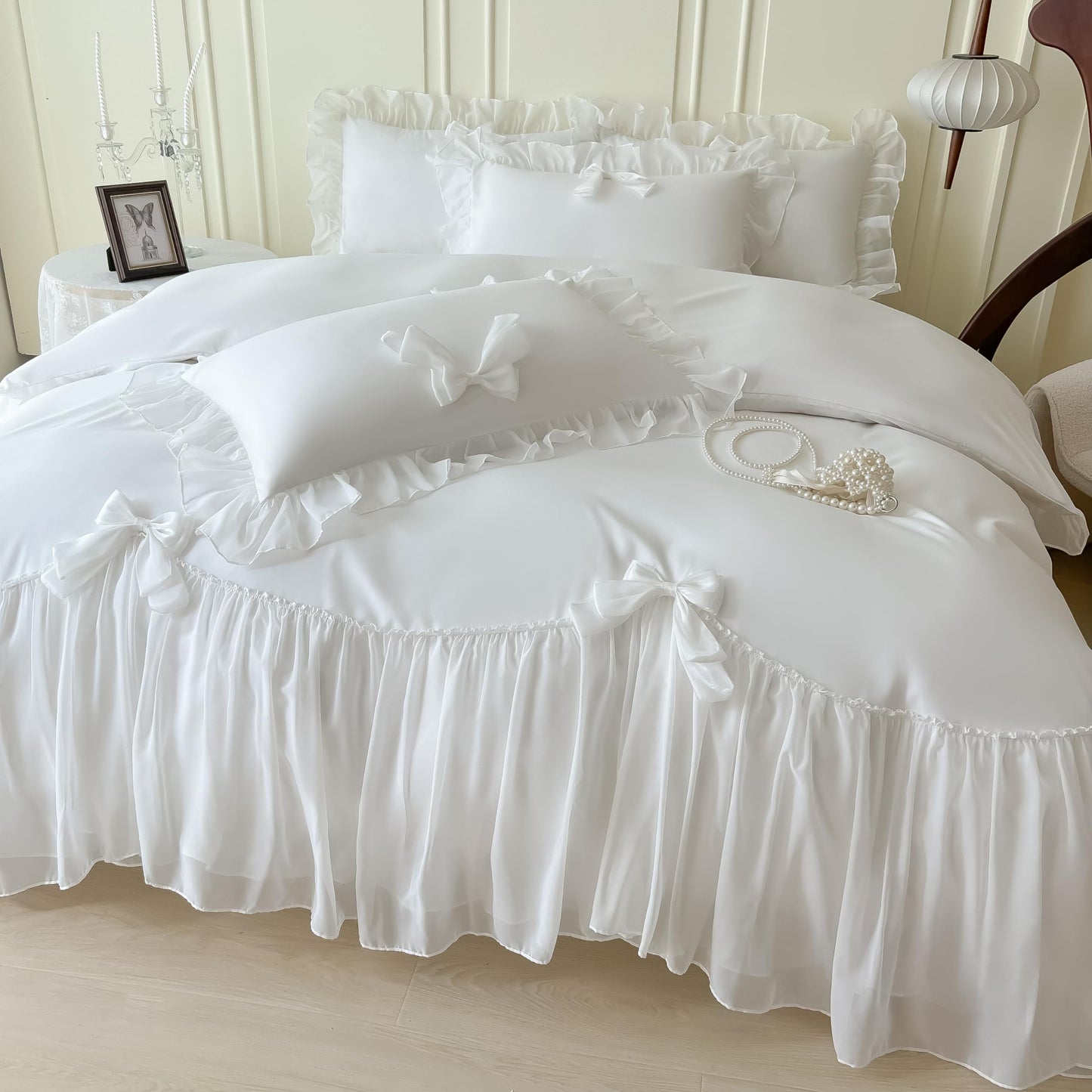 Princess Style Lace Bedding Comforter Cover Set, Chic Ruffled Duvet Cover with Lovely Bow, 1 Duvet Cover with 2 Pillowcases, No Comforter