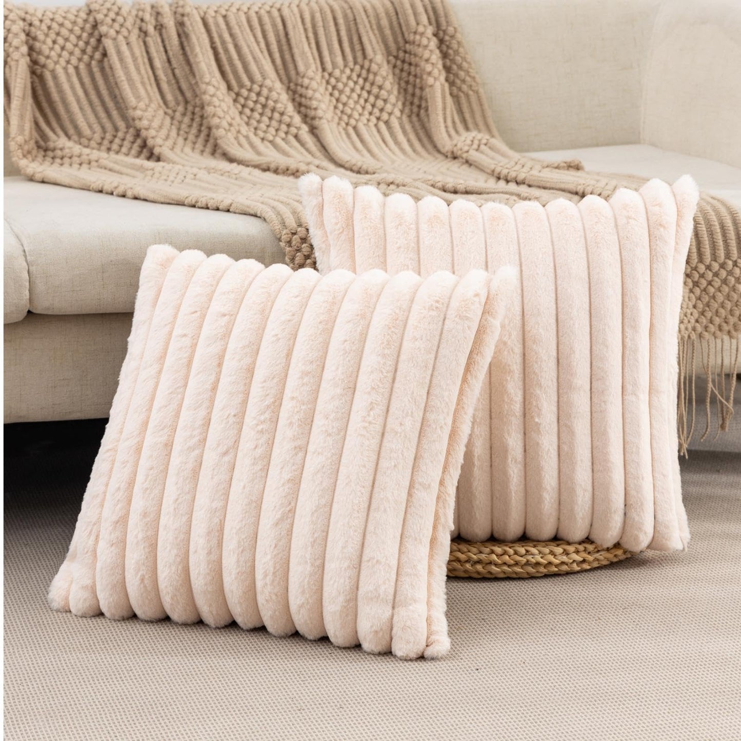 Set of 2 Fluffy Faux Fur Striped Pillow Covers – Decorative Cushion Cases