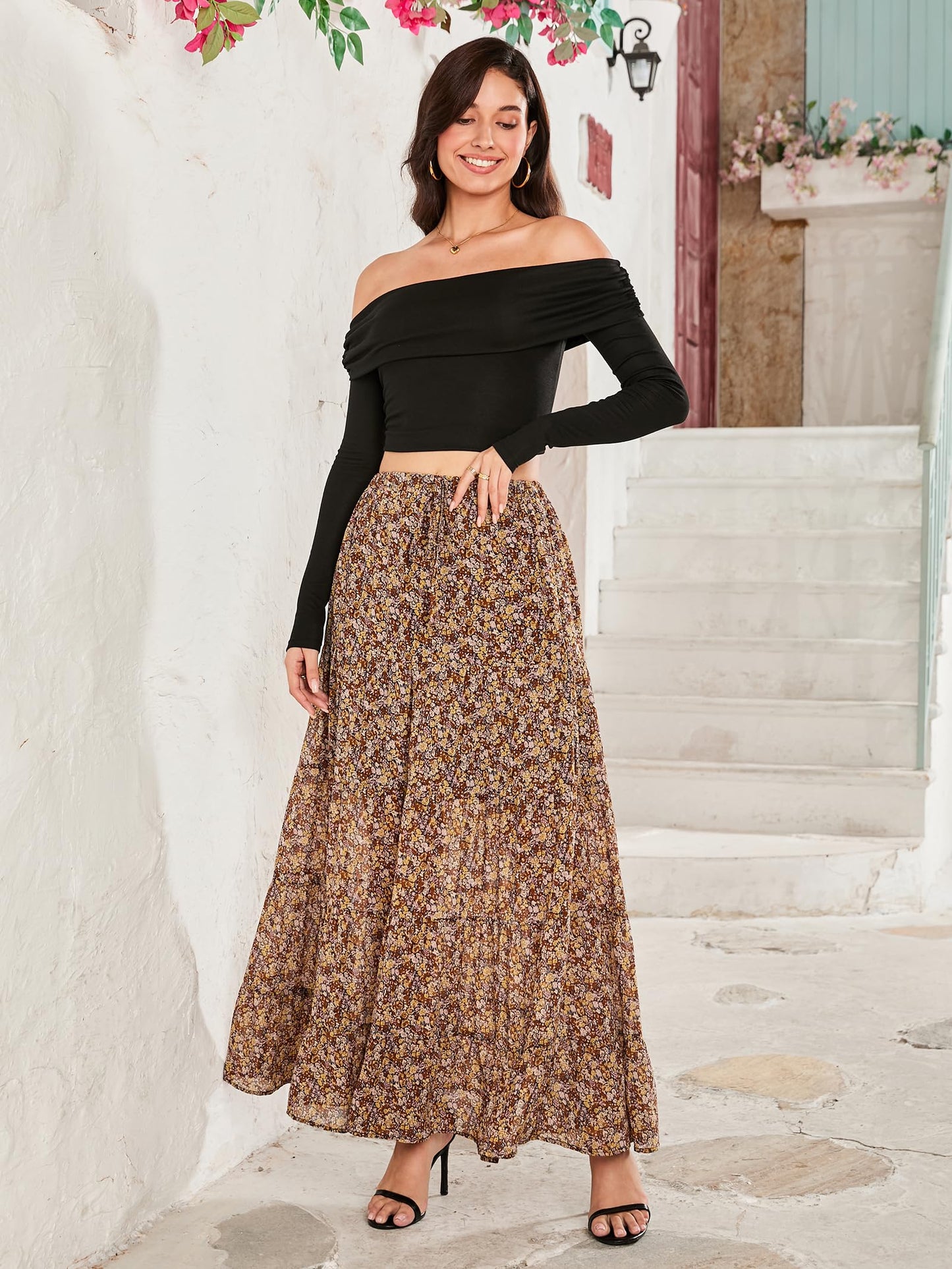 Women's Casual High Elastic Waist Ruffle Boho Pleated A-line Long Maxi Skirt