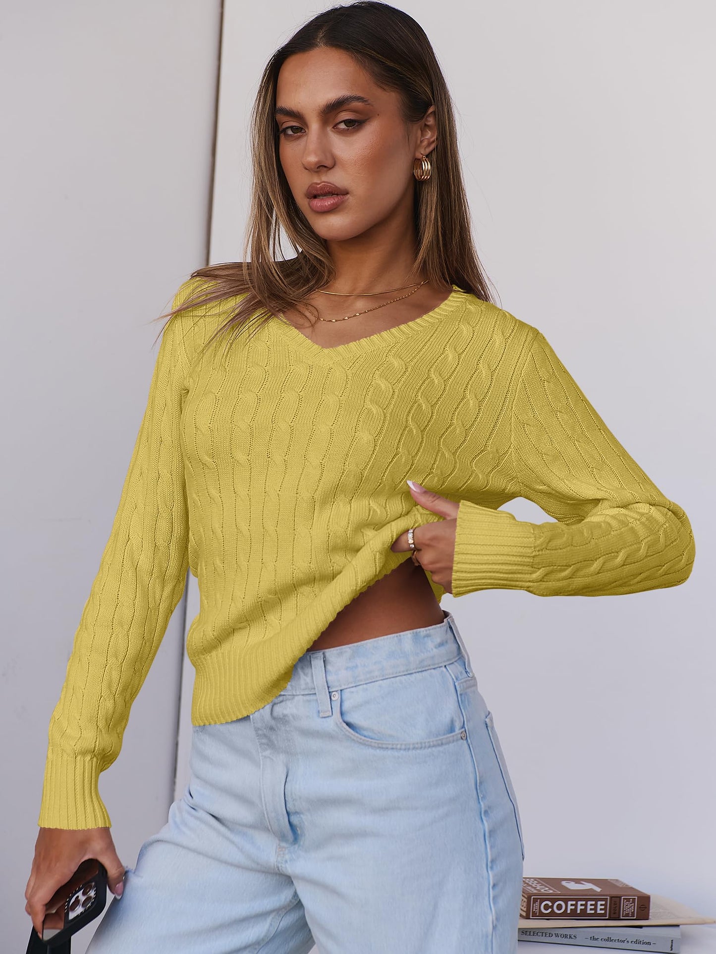 Women's Long Sleeve V Neck Cable Knit Sweater Jumper