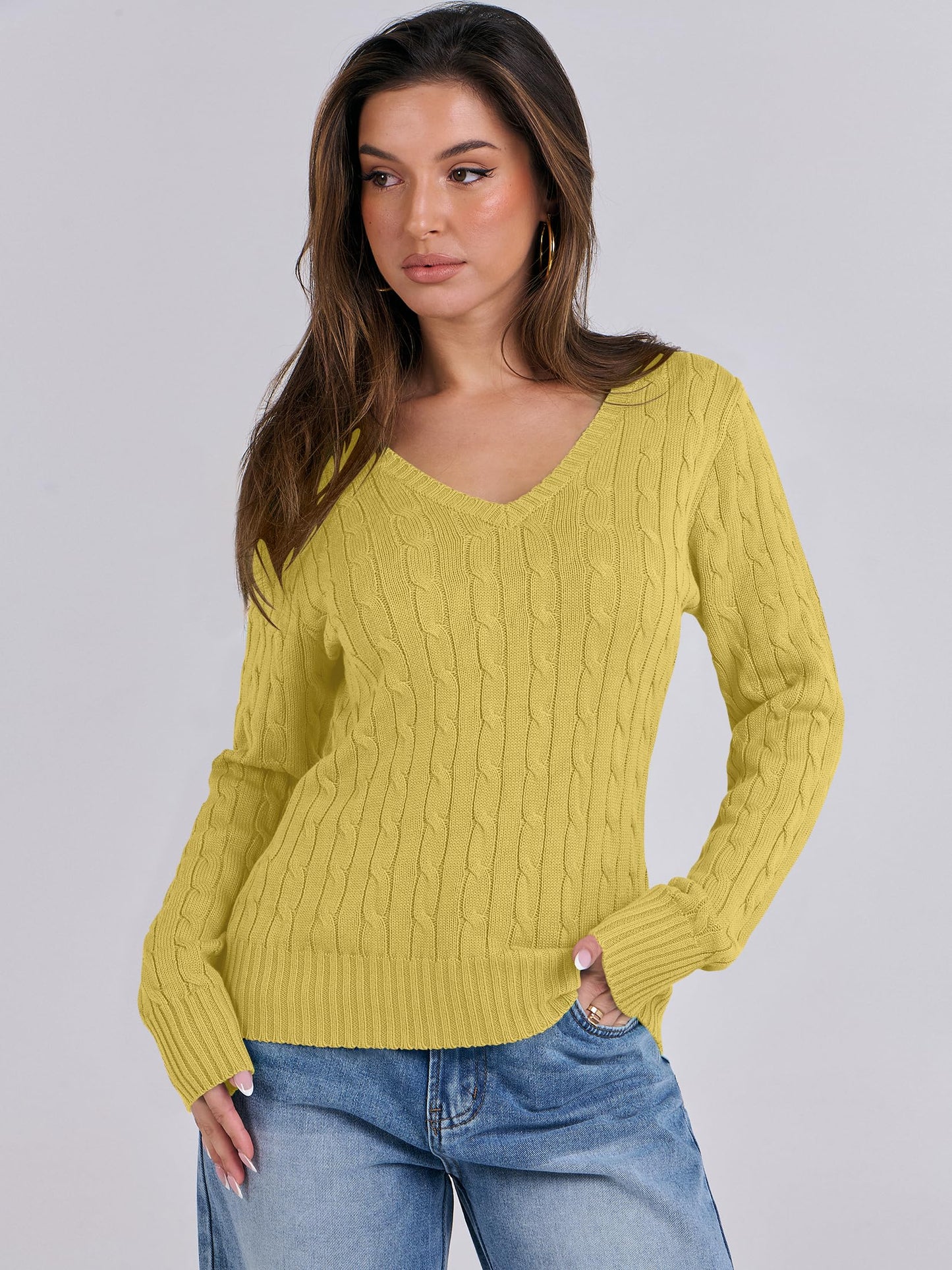 Women's Long Sleeve V Neck Cable Knit Sweater Jumper