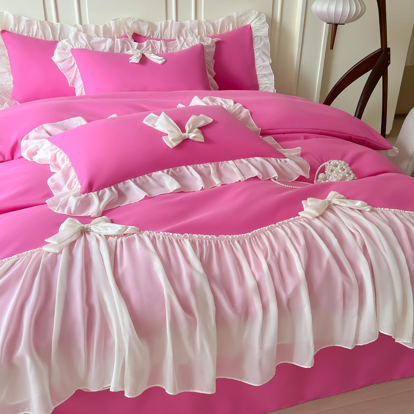 Princess Style Lace Bedding Comforter Cover Set, Chic Ruffled Duvet Cover with Lovely Bow, 1 Duvet Cover with 2 Pillowcases, No Comforter