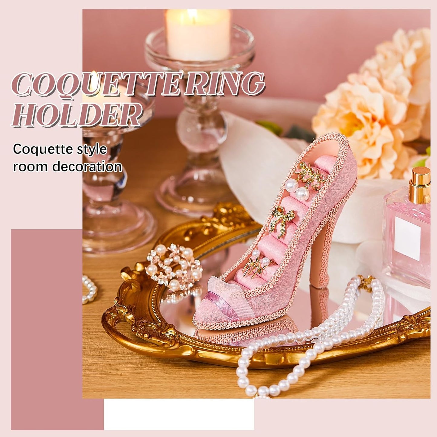 Pink Coquette Ring Holder Jewelry Display Stand High-heeled Shoe Jewelry Organizer