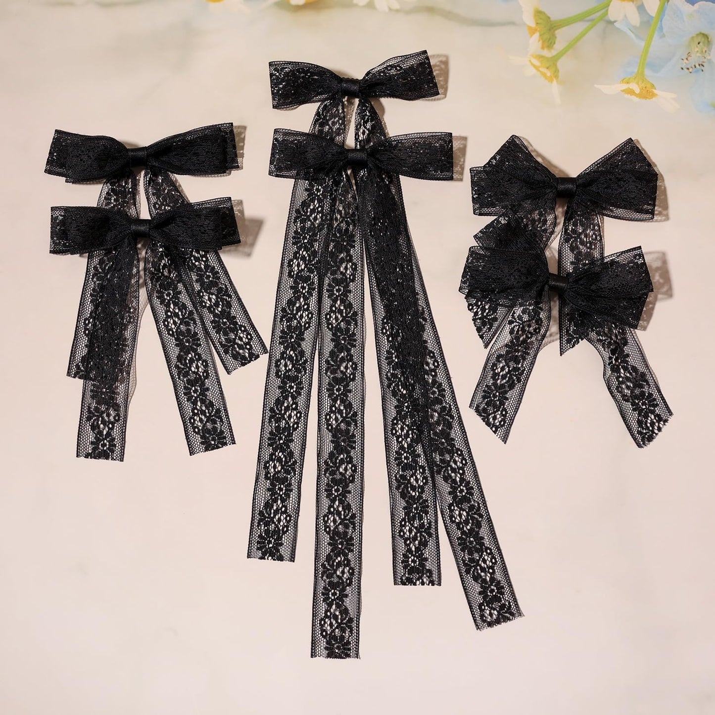 Lace Tulle Hair Bows with Long Tail Ribbons, Metal Bowknot and Tassel Barrettes