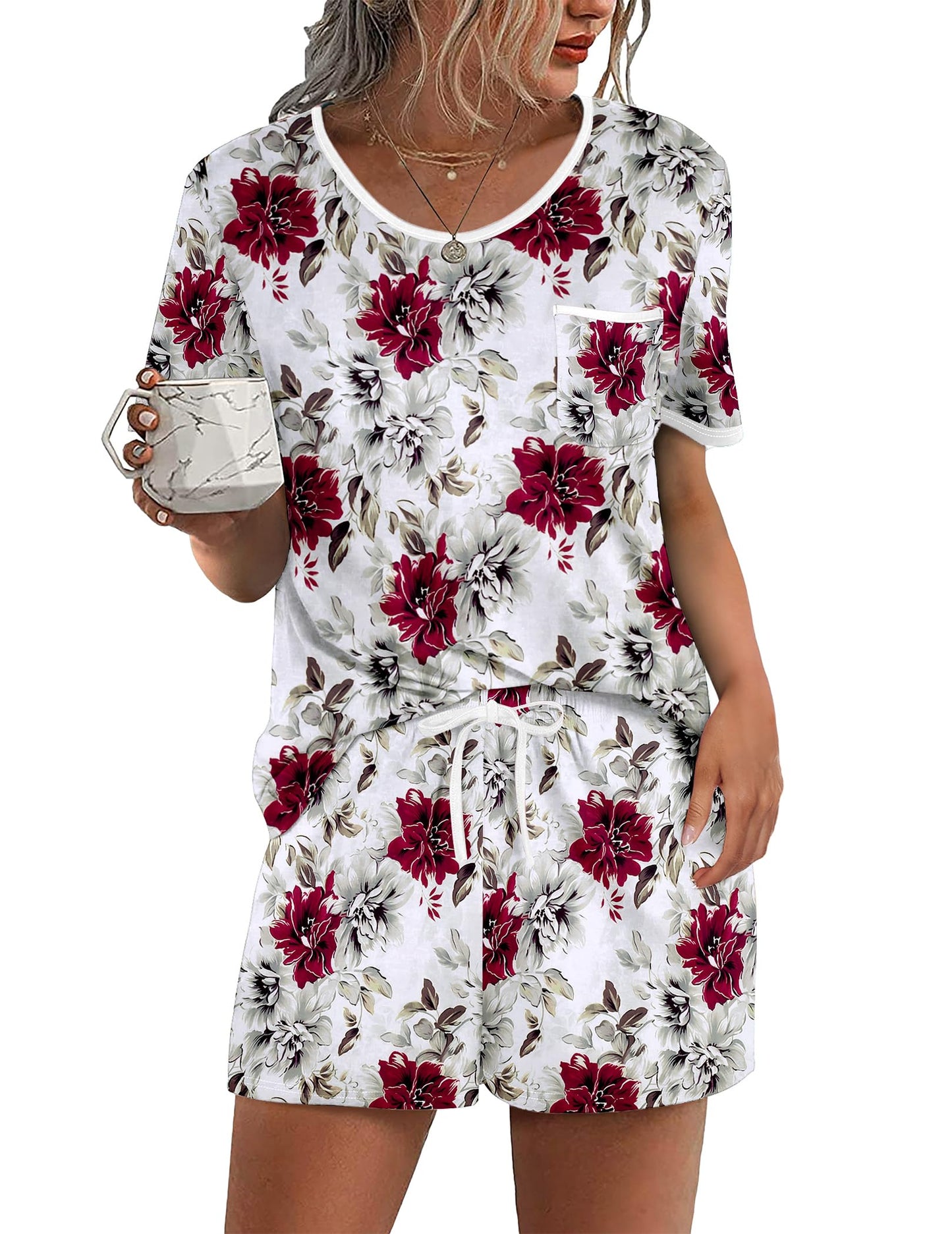 Pajama Set for 2 Piece Lounge Set Short Sleeve Tops and Shorts Soft Sleepwear, Chest Pocket