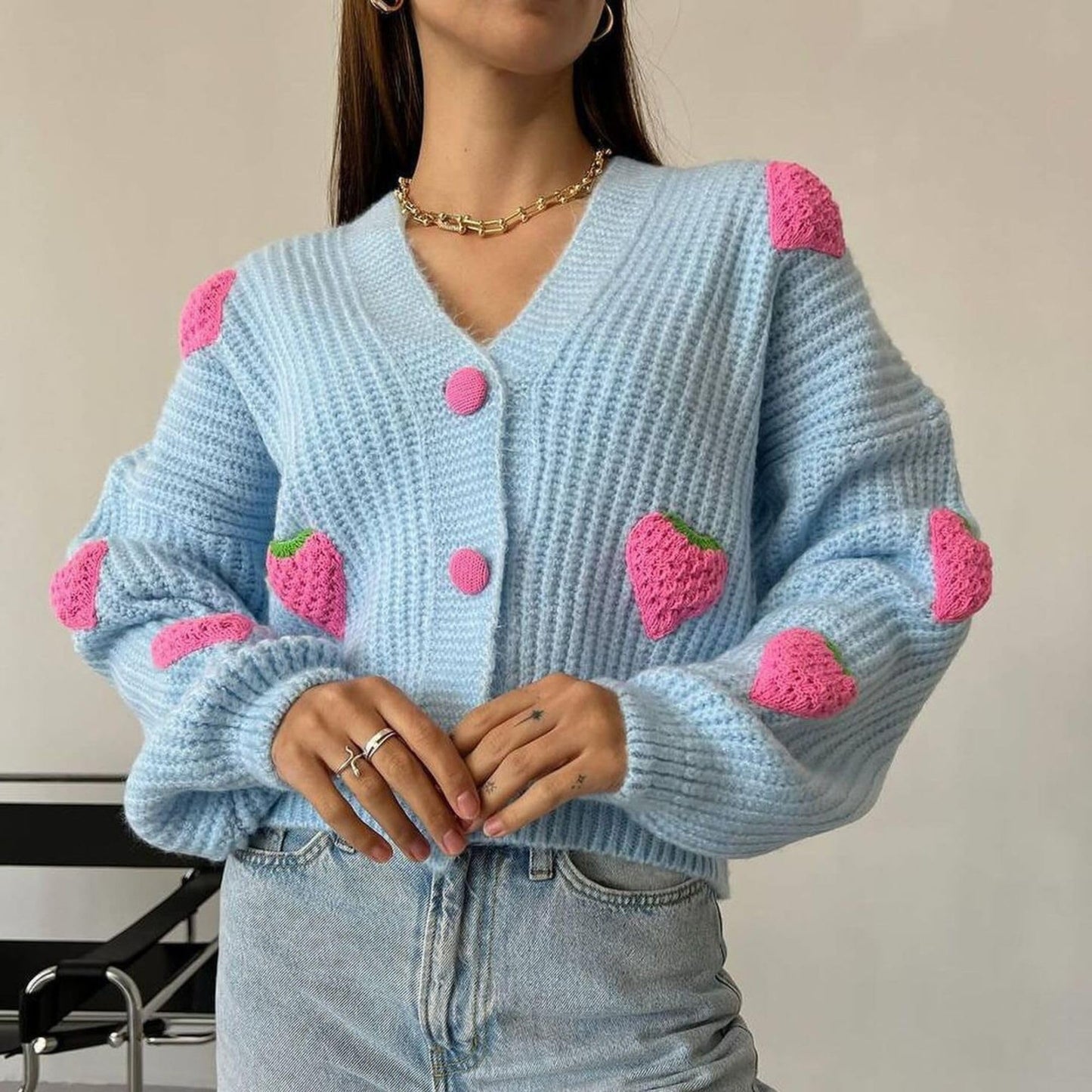 Women’s Kawaii Strawberry Embroidered Cardigan Long Sleeve V Neck Chunky Knitted Cardigans