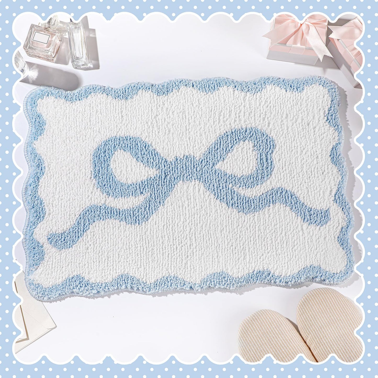 Cute Aesthetic Scalloped Bow Bathroom Mat Non Slip Coquette Bow Rug