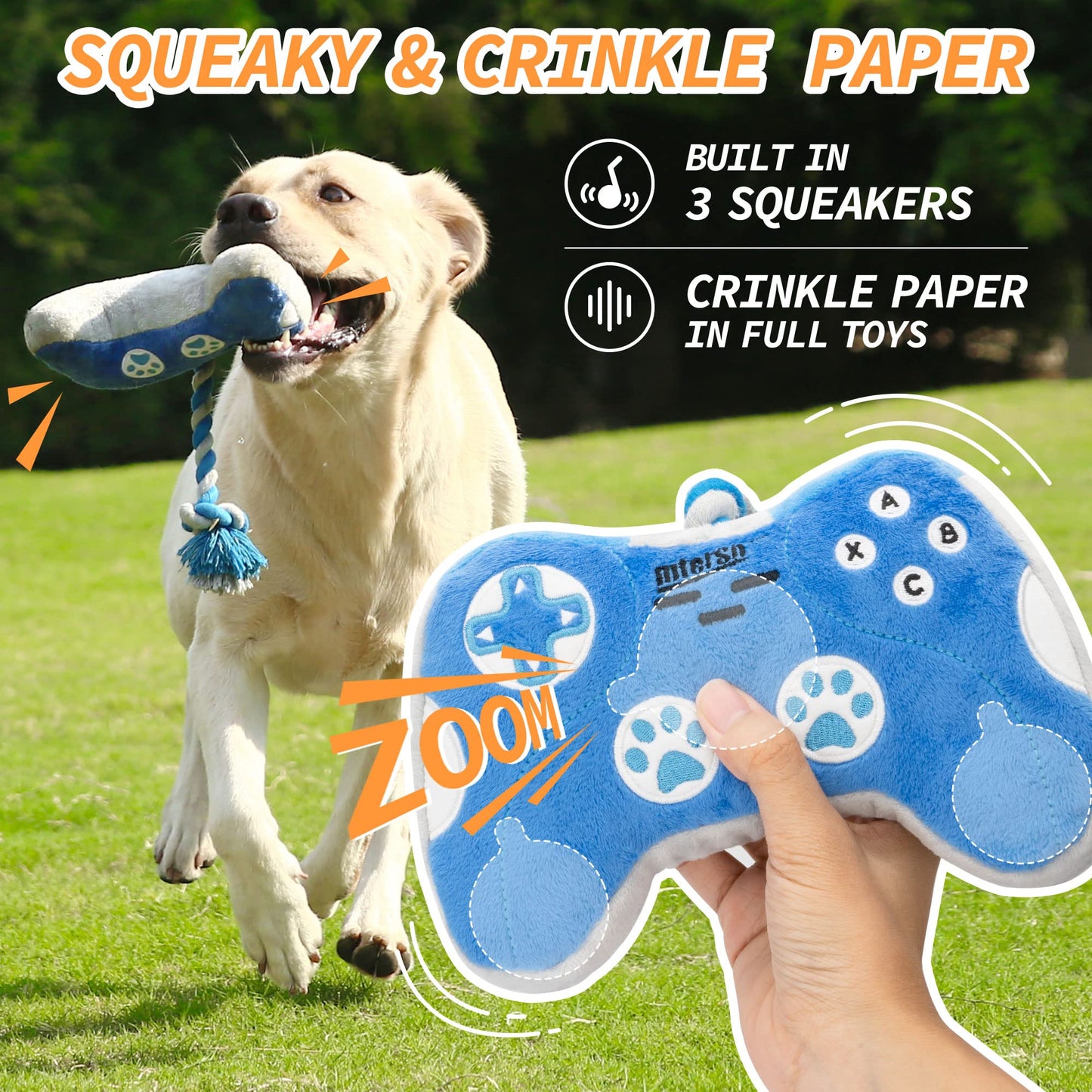 Cute Dog Plush Toys : Squeaky Dog Toys with Crinkle Paper and Interactive Rope Toy for Tug of War - Game Controller