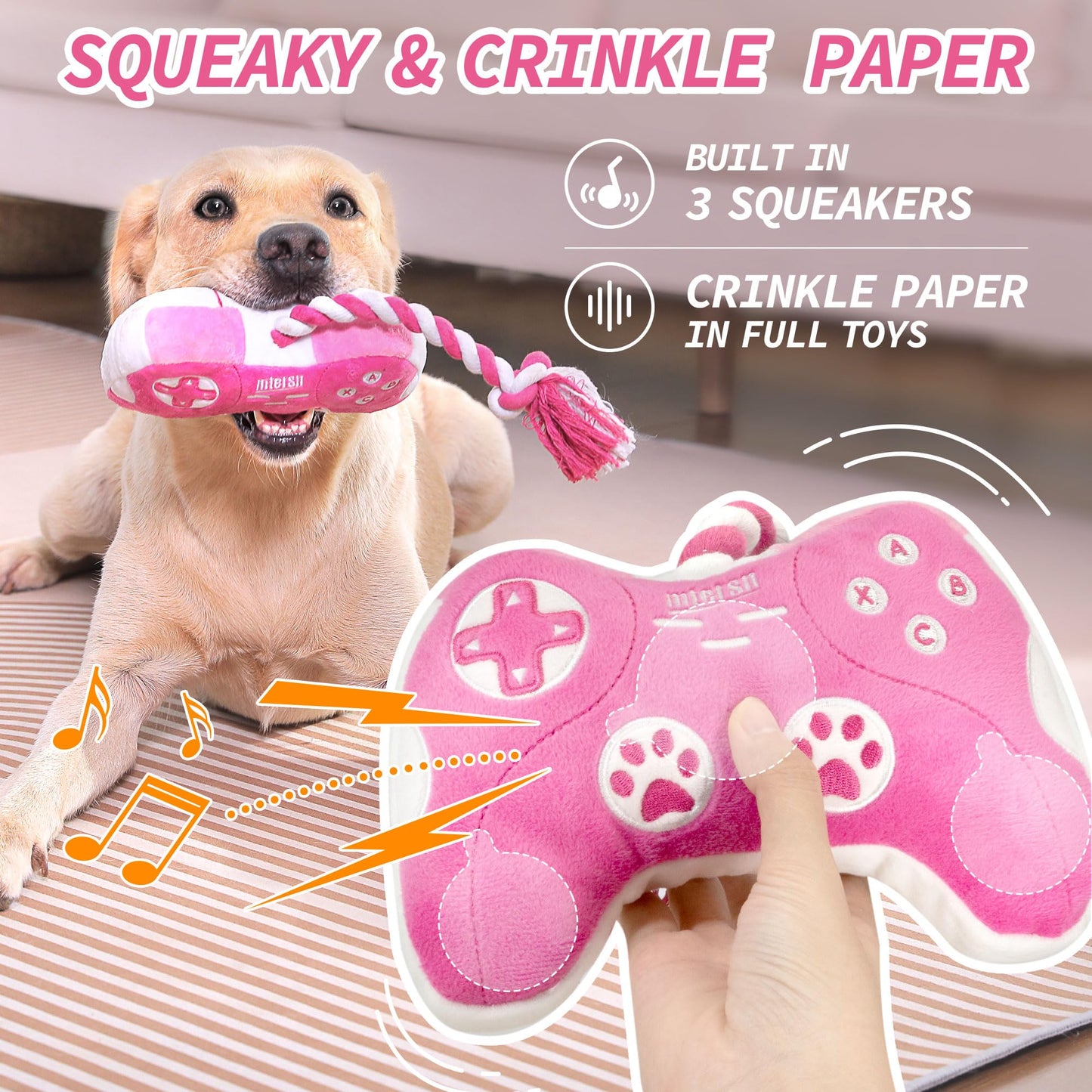 Cute Dog Plush Toys : Squeaky Dog Toys with Crinkle Paper and Interactive Rope Toy for Tug of War - Game Controller