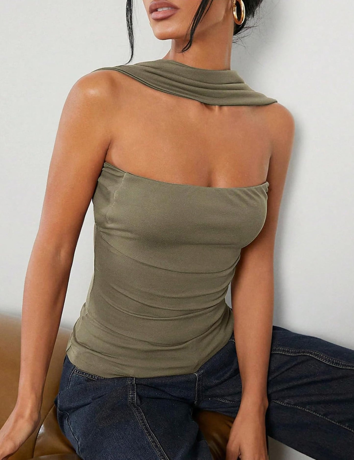 Ruched Strapless Halter Tube Top - Sexy Open Back Slim Fit Bandeau Shirt Sleeveless Off Shoulder