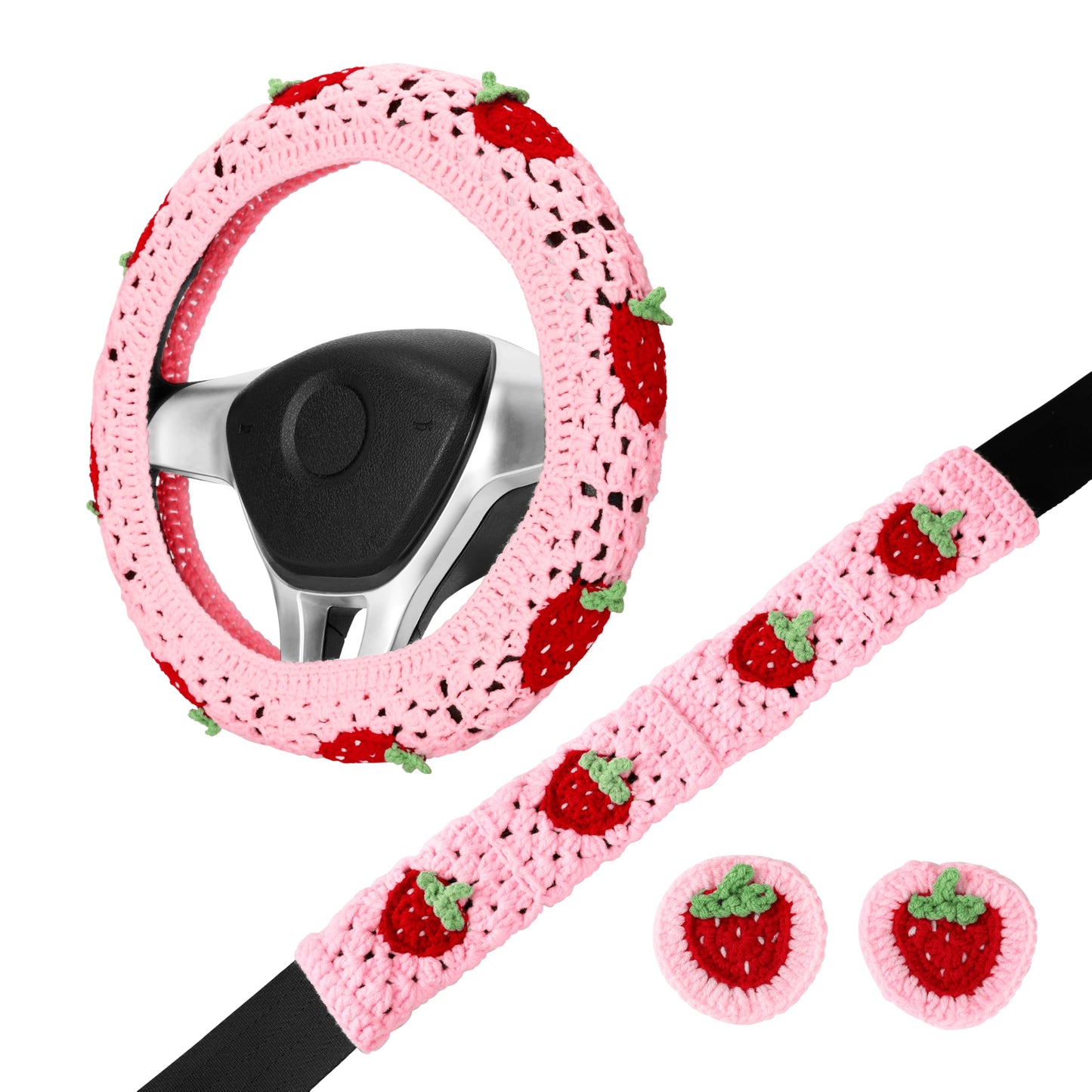 Pink Strawberry Granny Square Pattern - Crochet Steering Wheel Cover Set