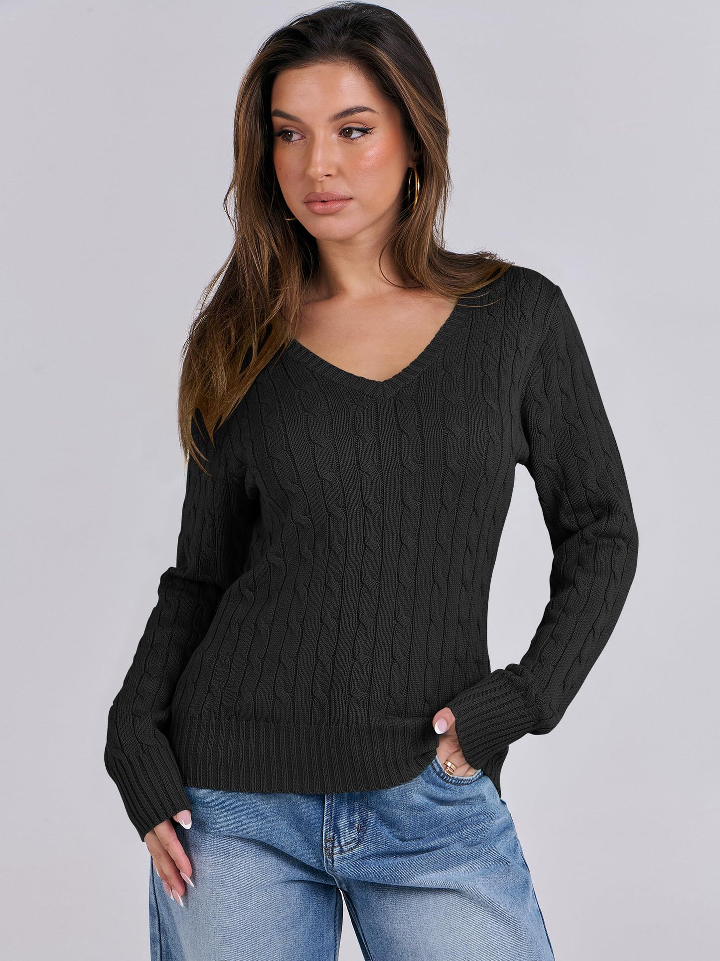 Women's Long Sleeve V Neck Cable Knit Sweater Jumper