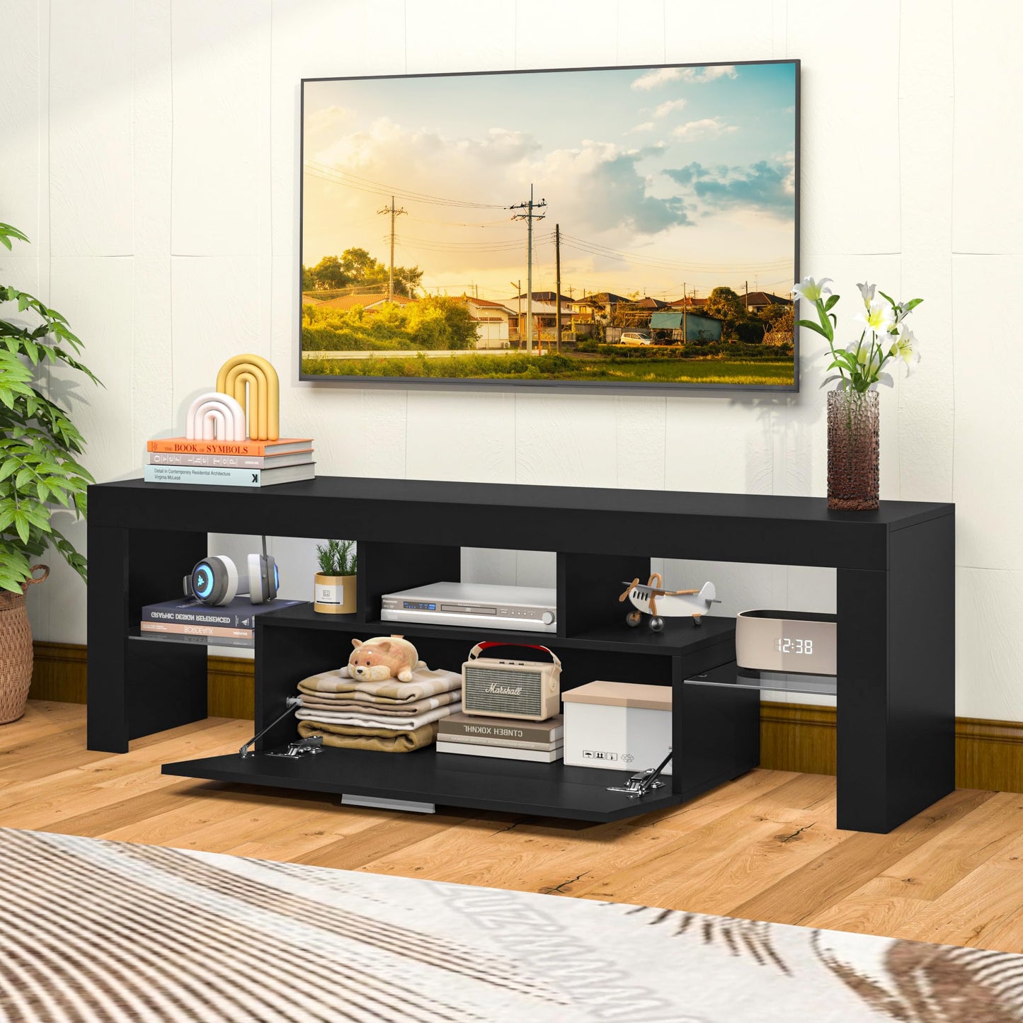 LED TV Stand with Large Storage Drawer -  Modern High Gloss TV Console Table with Entertainment Center