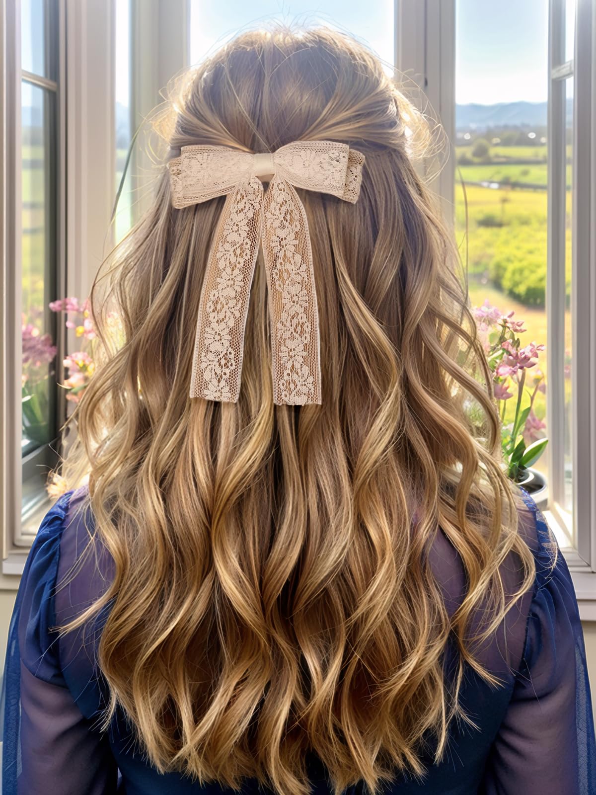 Lace Tulle Hair Bows with Long Tail Ribbons, Metal Bowknot and Tassel Barrettes