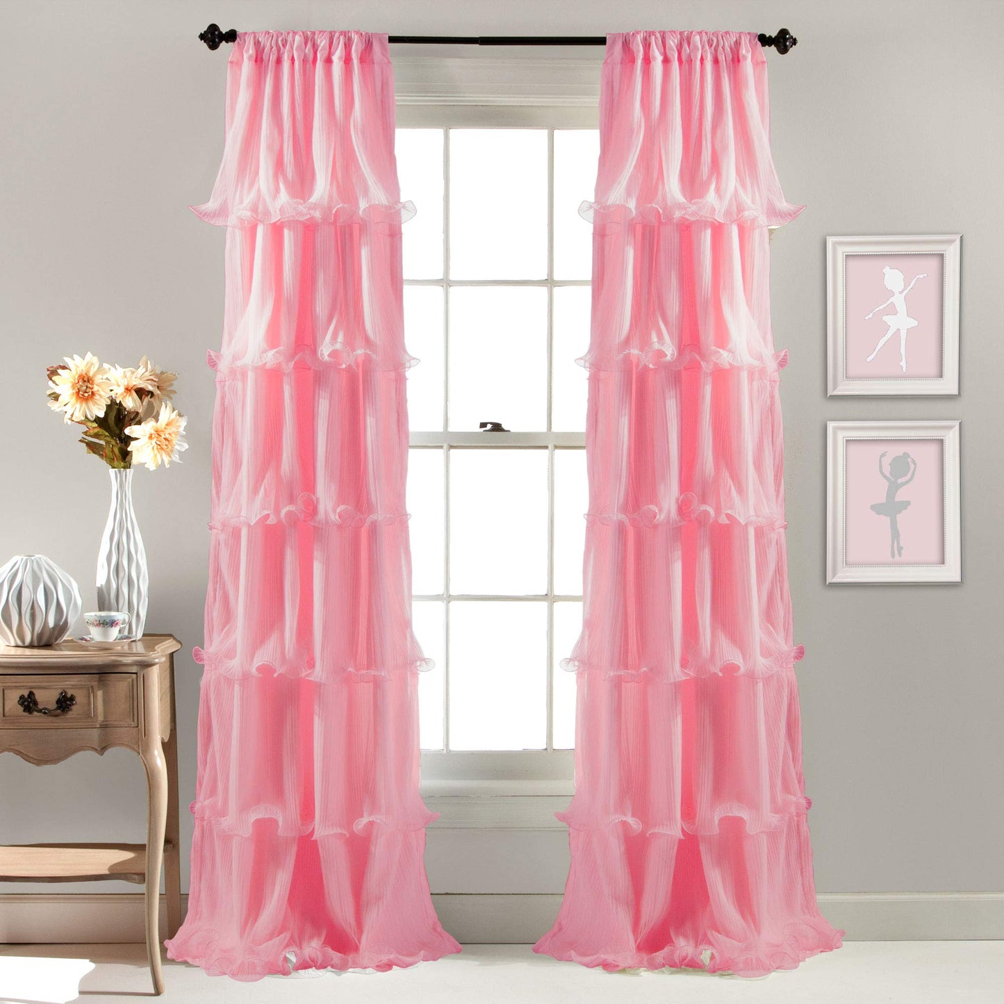 Lush Sheer Ruffled Textured Pink Window Panel for Living, Dining Room