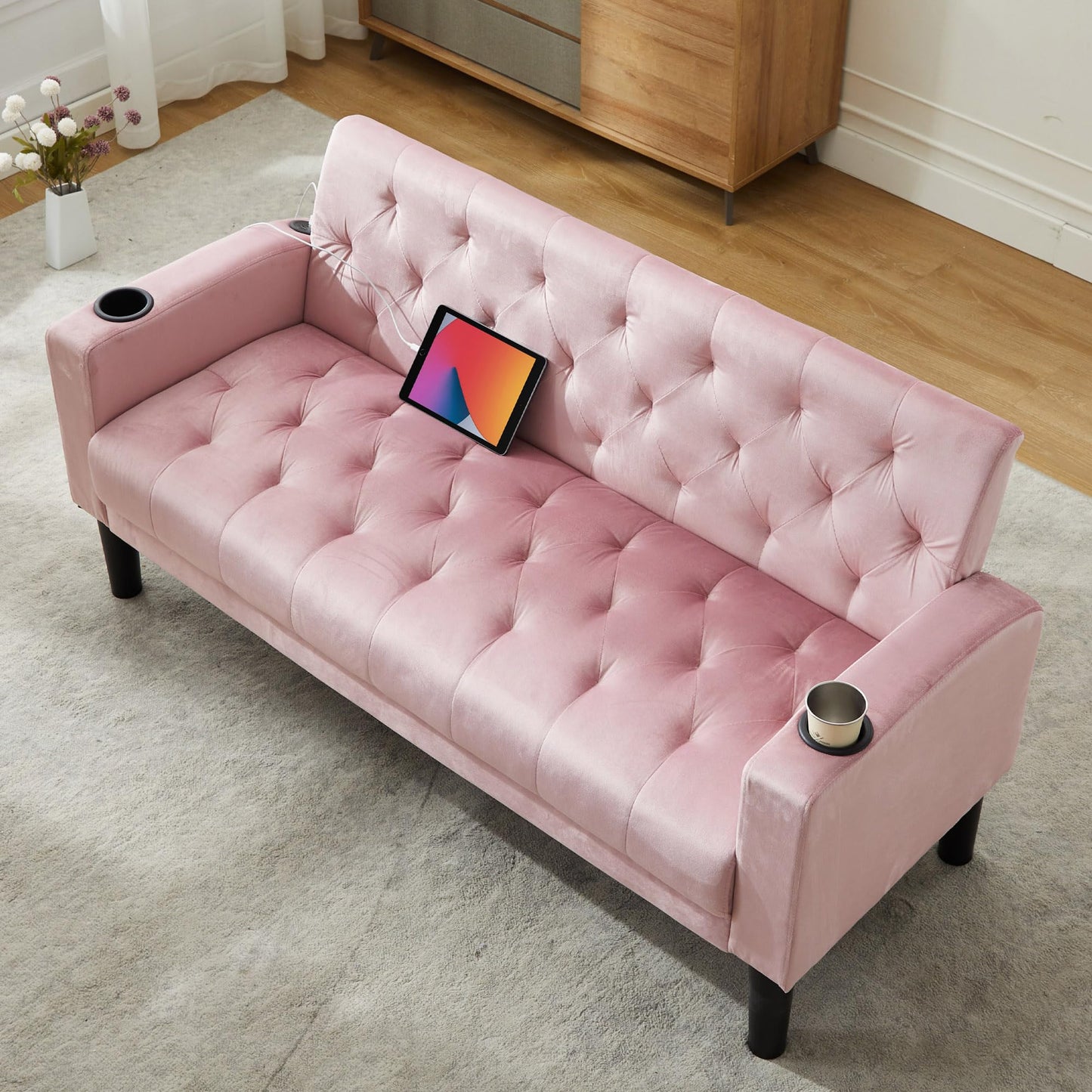 Loveseat Sofa w/ 2 USB Charger Ports and 2 Cupholders, Mid-Century Modern Tufted Pink Velvet