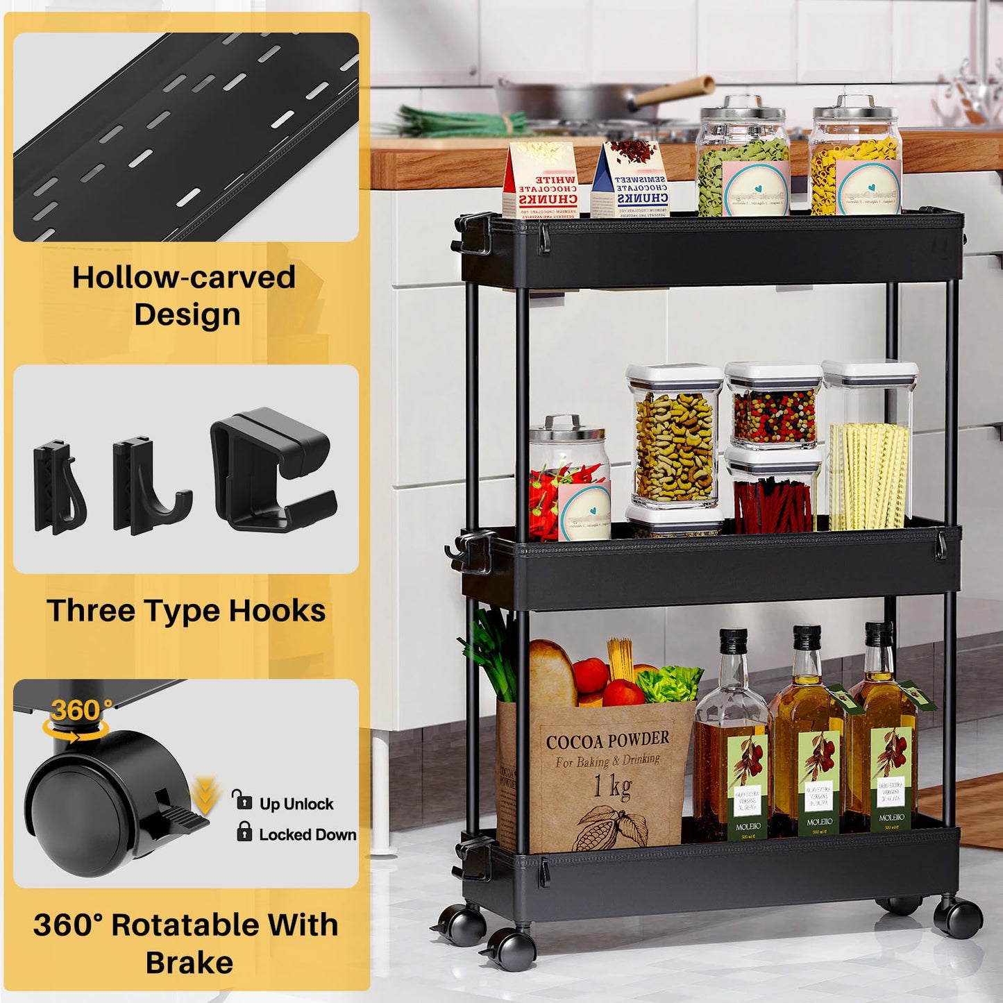 Slim Rolling Storage Cart, 3 Tier Bathroom Organizer