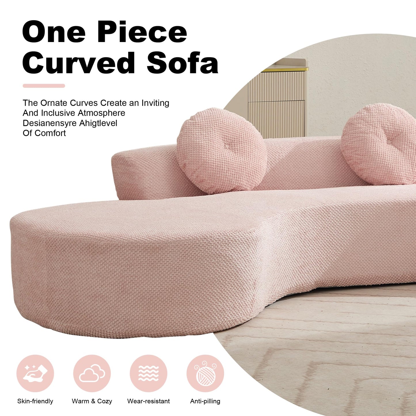 Oversize Sponge Curved Sofa - Modern Minimalist Corduroy Anti-Wrinkle Sofa,Cloud Couch 3-Seater Couch w/2 Pillows 106''