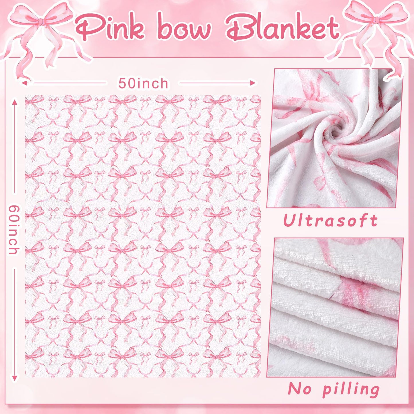 Coquette Bow Blanket Flannel Soft Lightweight Aesthetic Plush, 50" x 60"