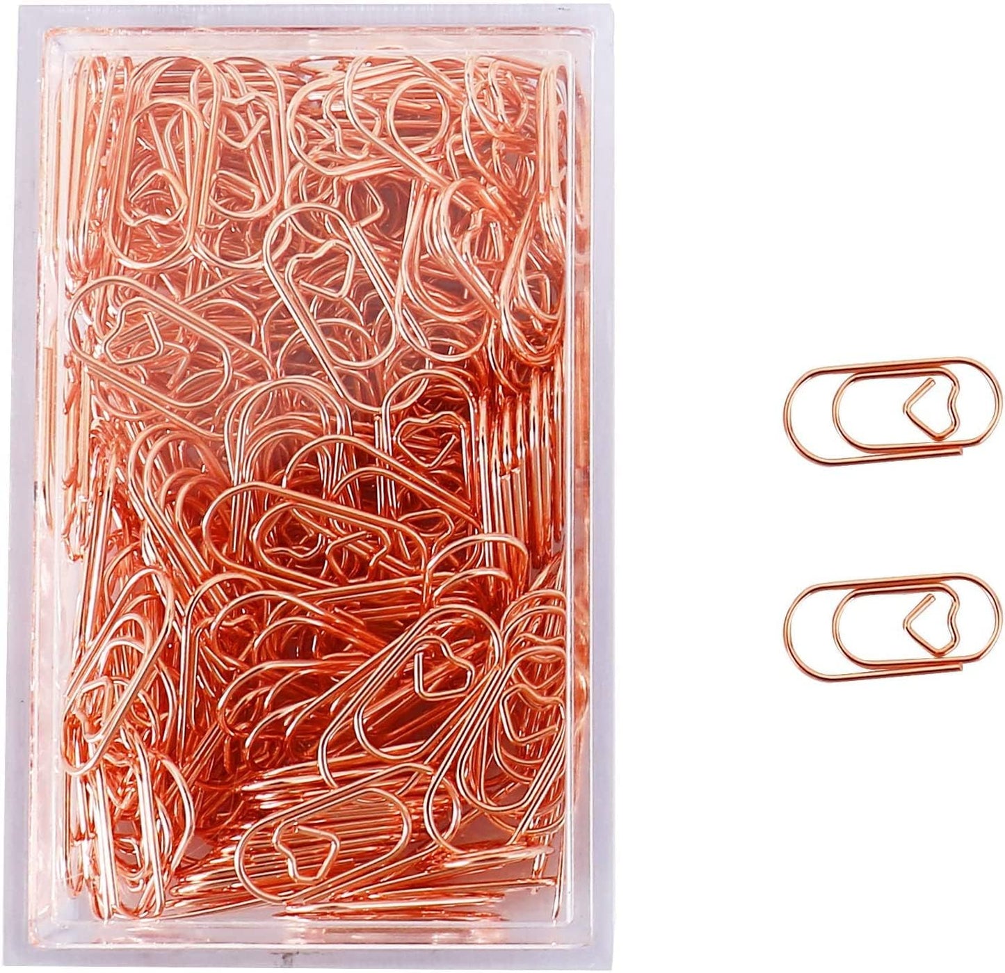 Set of Small Rose Gold Heart-Shaped Paper Clips with Tinplate Holder 200-Piece