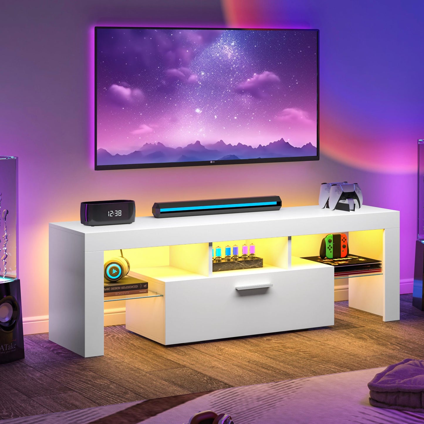 LED TV Stand with Large Storage Drawer -  Modern High Gloss TV Console Table with Entertainment Center