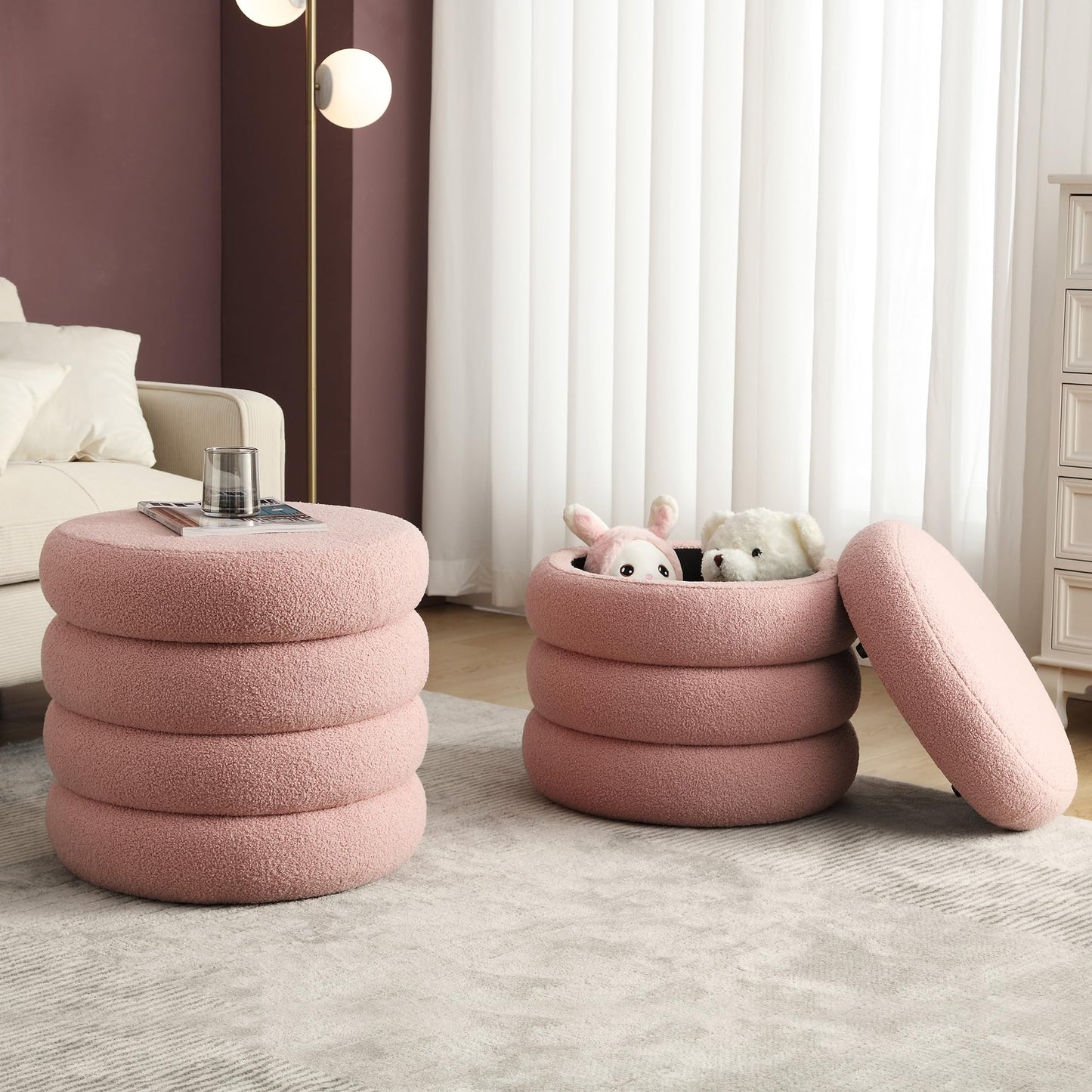 Flouki Storage Ottoman Round, Ottoman with Storage, Sherpa Ottoman Storage, (18 Inches x 16 Inches) Set of 2