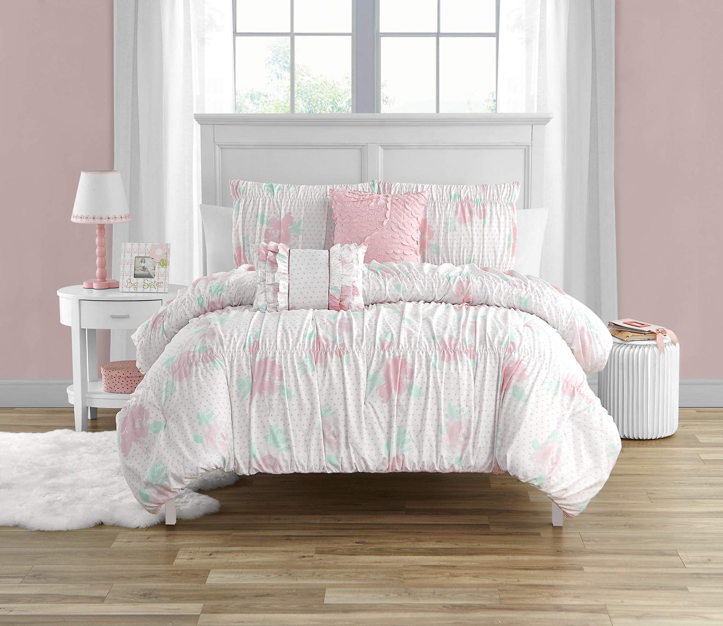 Pretty Floral 4-Piece Comforter set with Smocking and Ruffled texture, Girls, Teen bedding, Shabby Chic, White/Pink/Aqua