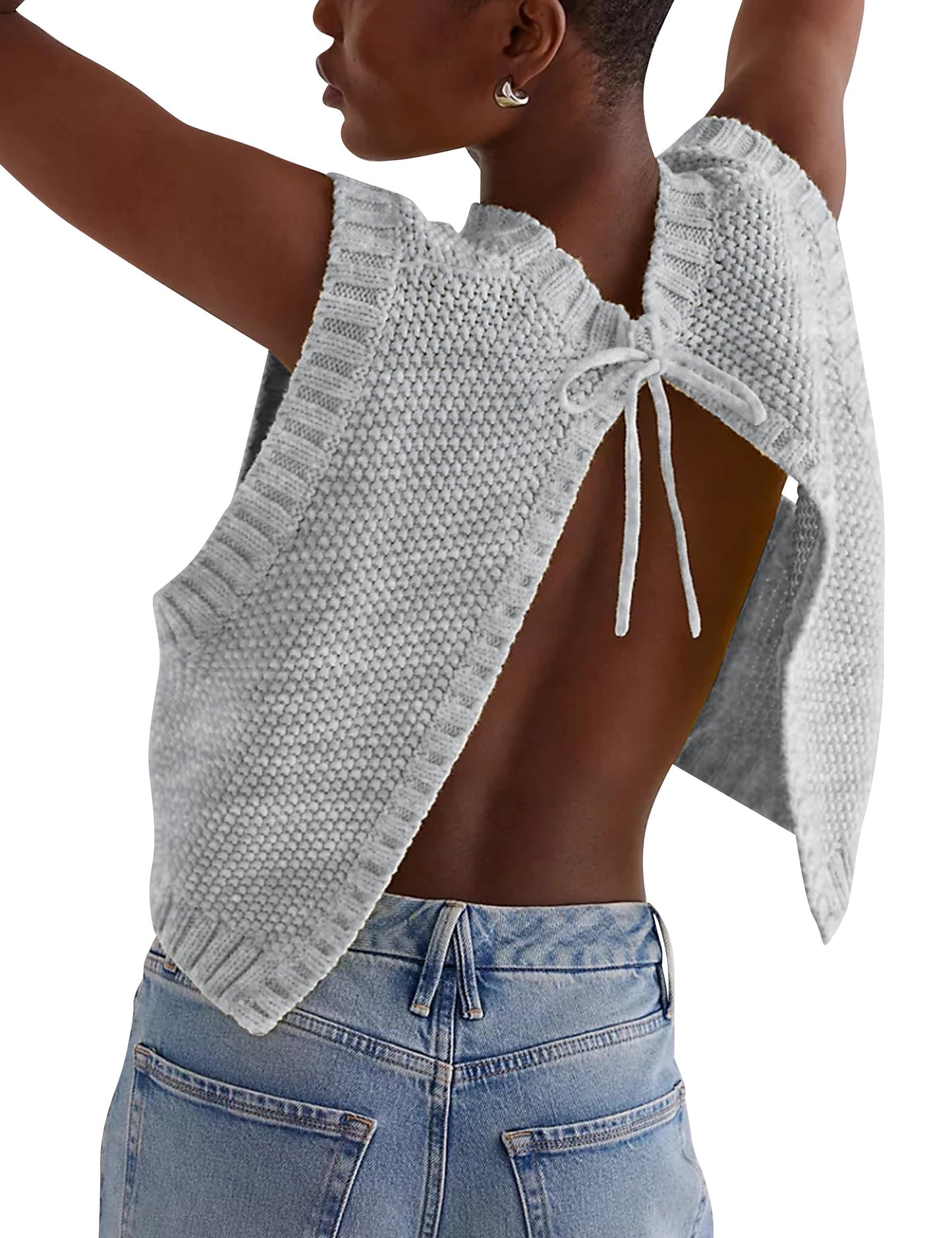 Y2K Backless Tie Up Knit Crop Sweater Vest Sleeveless Round Neck Split Open Back Pullover