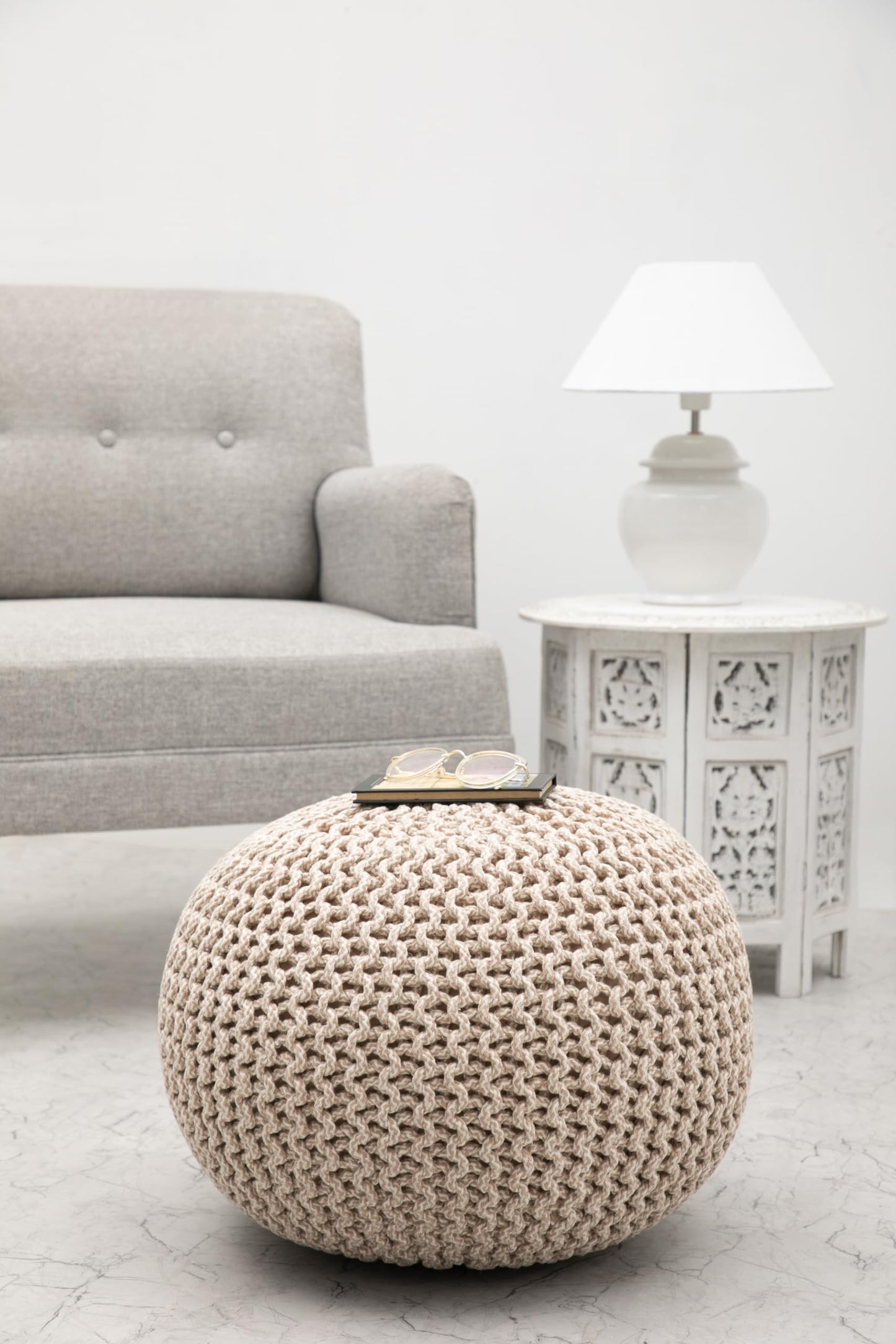 Hand-Knitted Cotton Round Pouf – Braid Cord Ottoman, Footrest, and Accent Seat for Living Room, Nursery, Kids Room, or Dorm Décor – 20x14