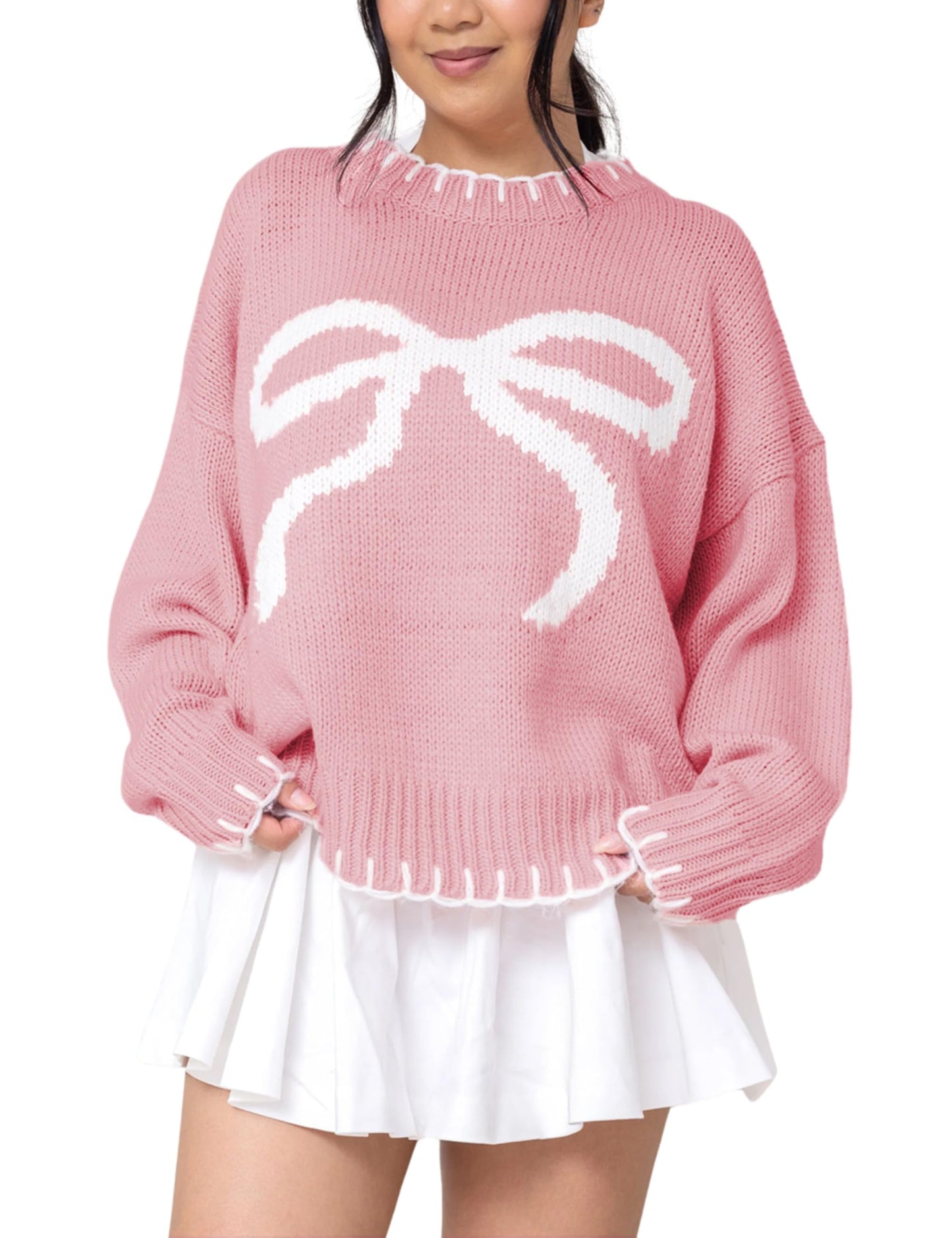 Women Y2K Bow Knit Sweater Crew Neck Long Sleeve Knitted Pullover Oversized Contrast Trim Knitwear