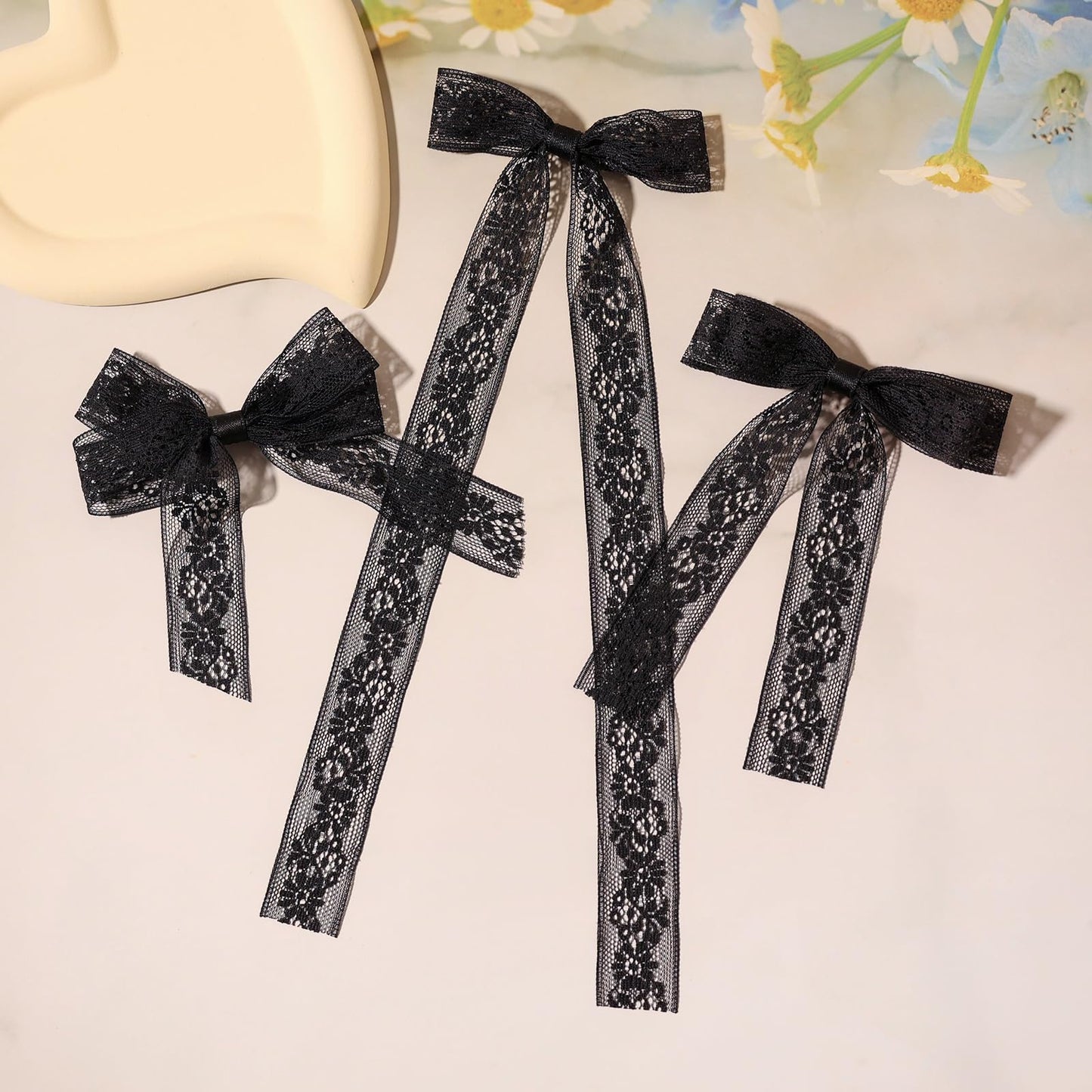 Lace Tulle Hair Bows with Long Tail Ribbons, Metal Bowknot and Tassel Barrettes