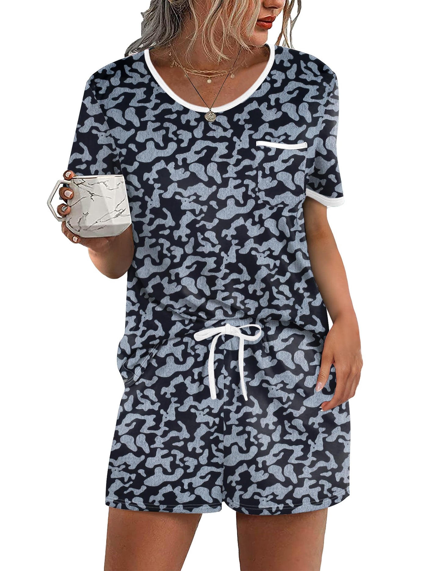 Pajama Set for 2 Piece Lounge Set Short Sleeve Tops and Shorts Soft Sleepwear, Chest Pocket