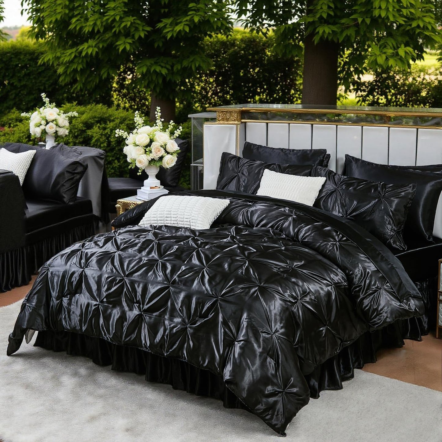 Pinch Pleat Bedding Set - Pin-tuck Luxury Bed Comforter Set 10 Pcs, Soft Silky Down Comforter Bed Set Satin with Sheets